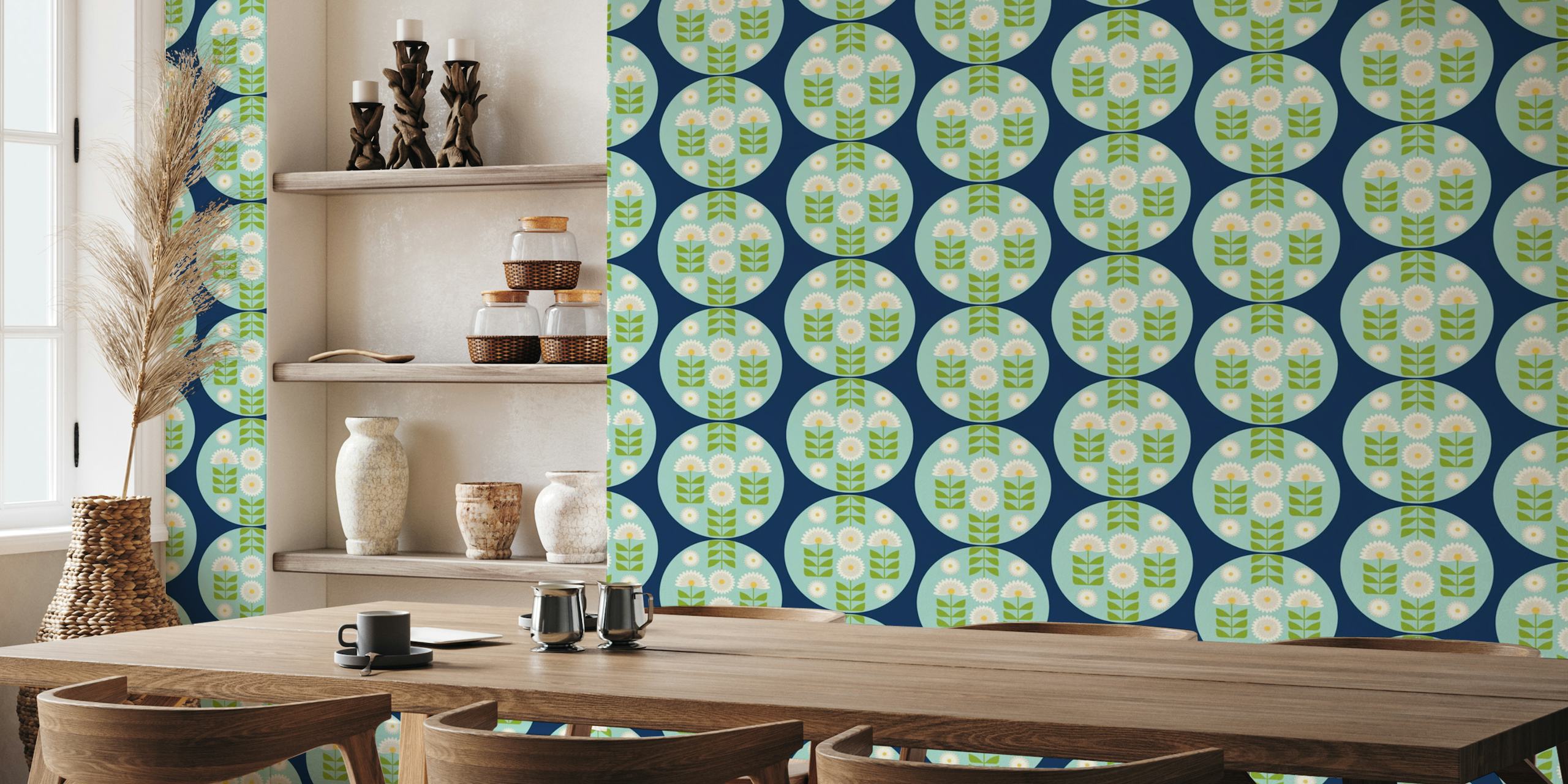 Retro 70s Funky florals in blue behang