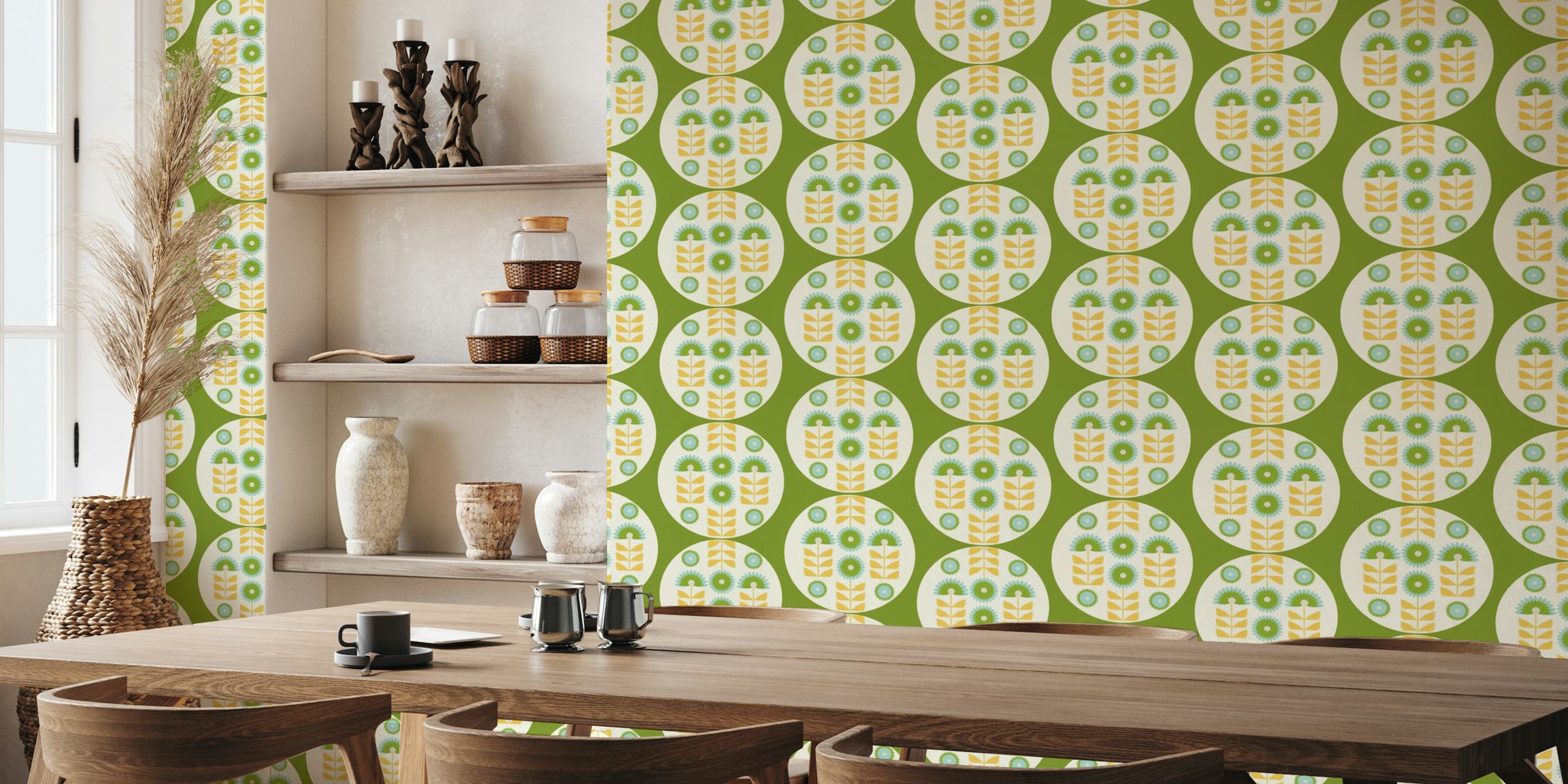 Retro 70s Funky florals in green tapetit