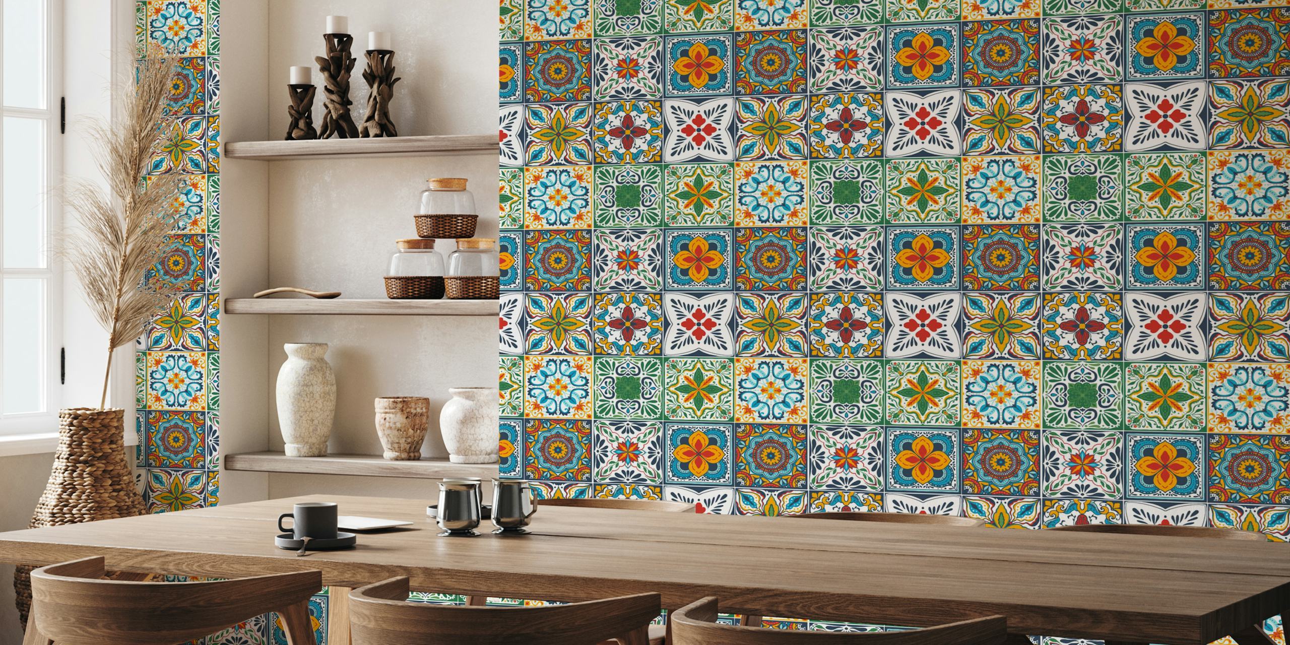 Talavera inspired tiles wallpaper in una stanza