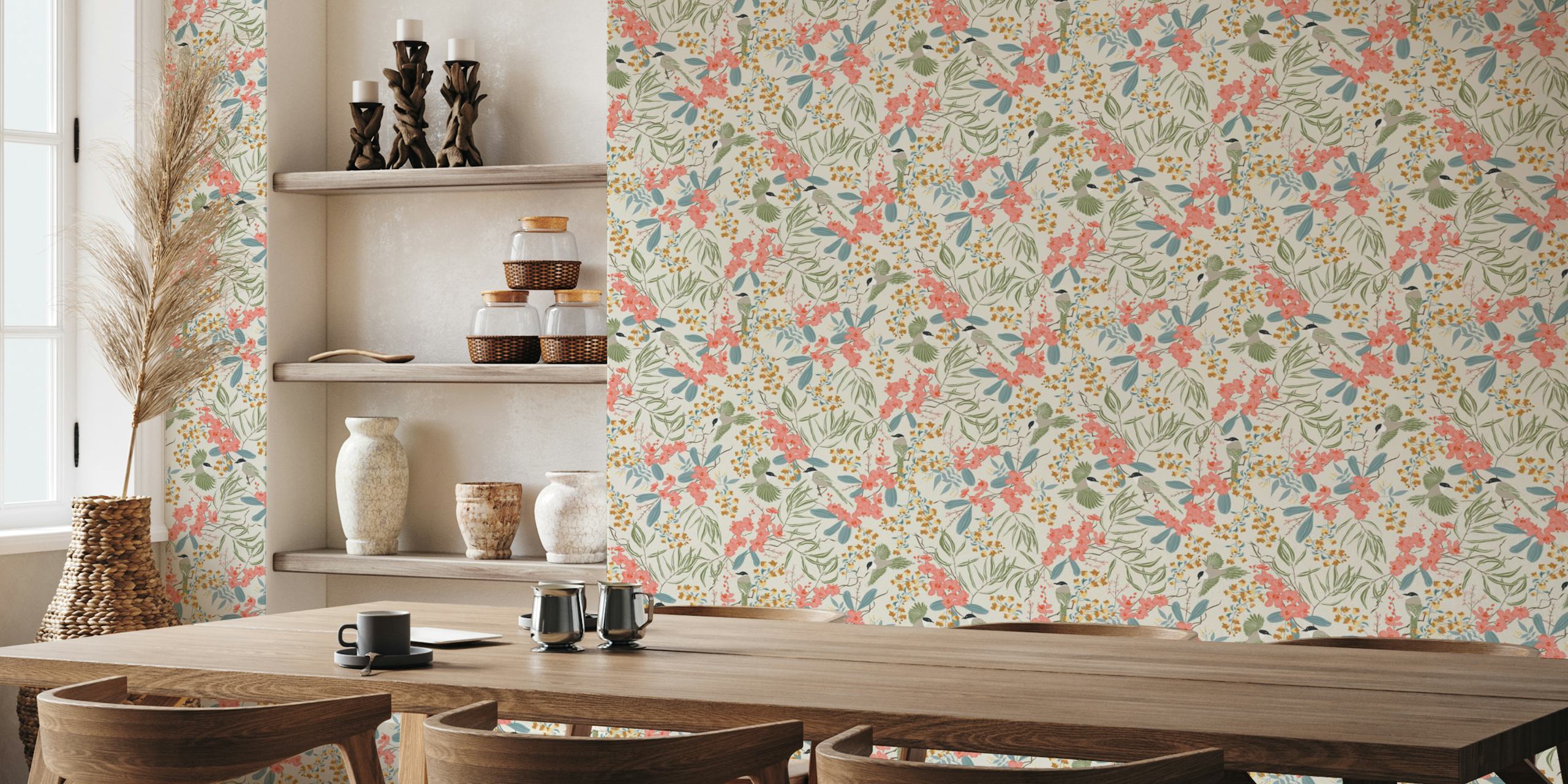Magpie Floral Blooms wallpaper in una stanza