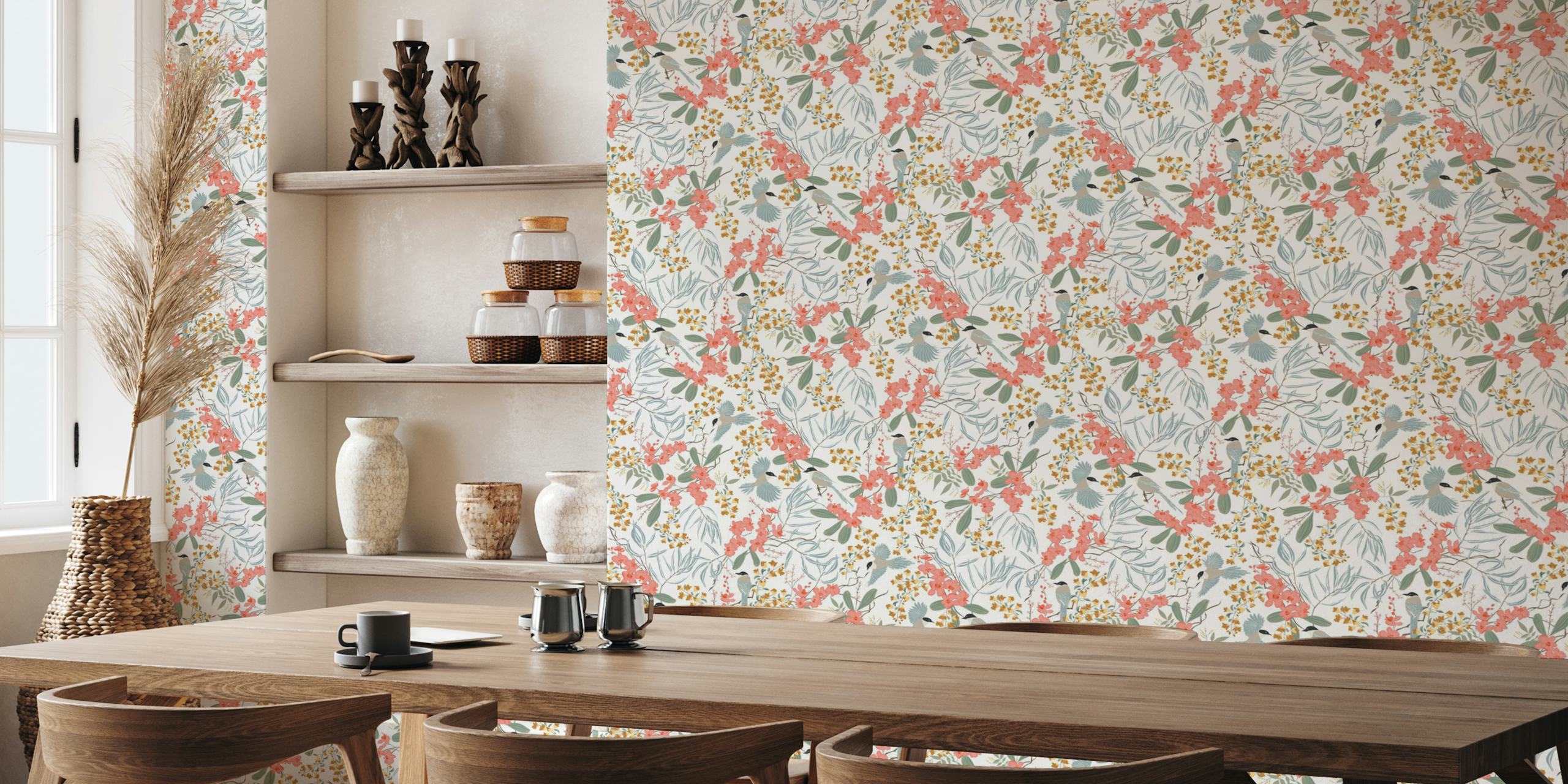 Floral pattern with birds and flowers in pink and green tones wallpaper