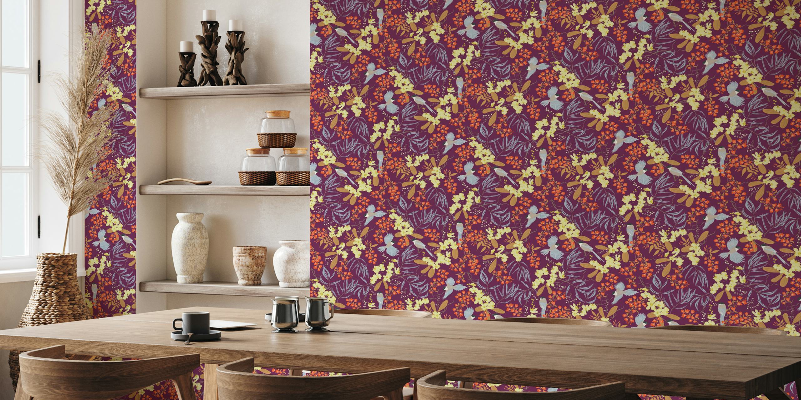 Floral pattern with magpies and bright blooms in deep plum wallpaper
