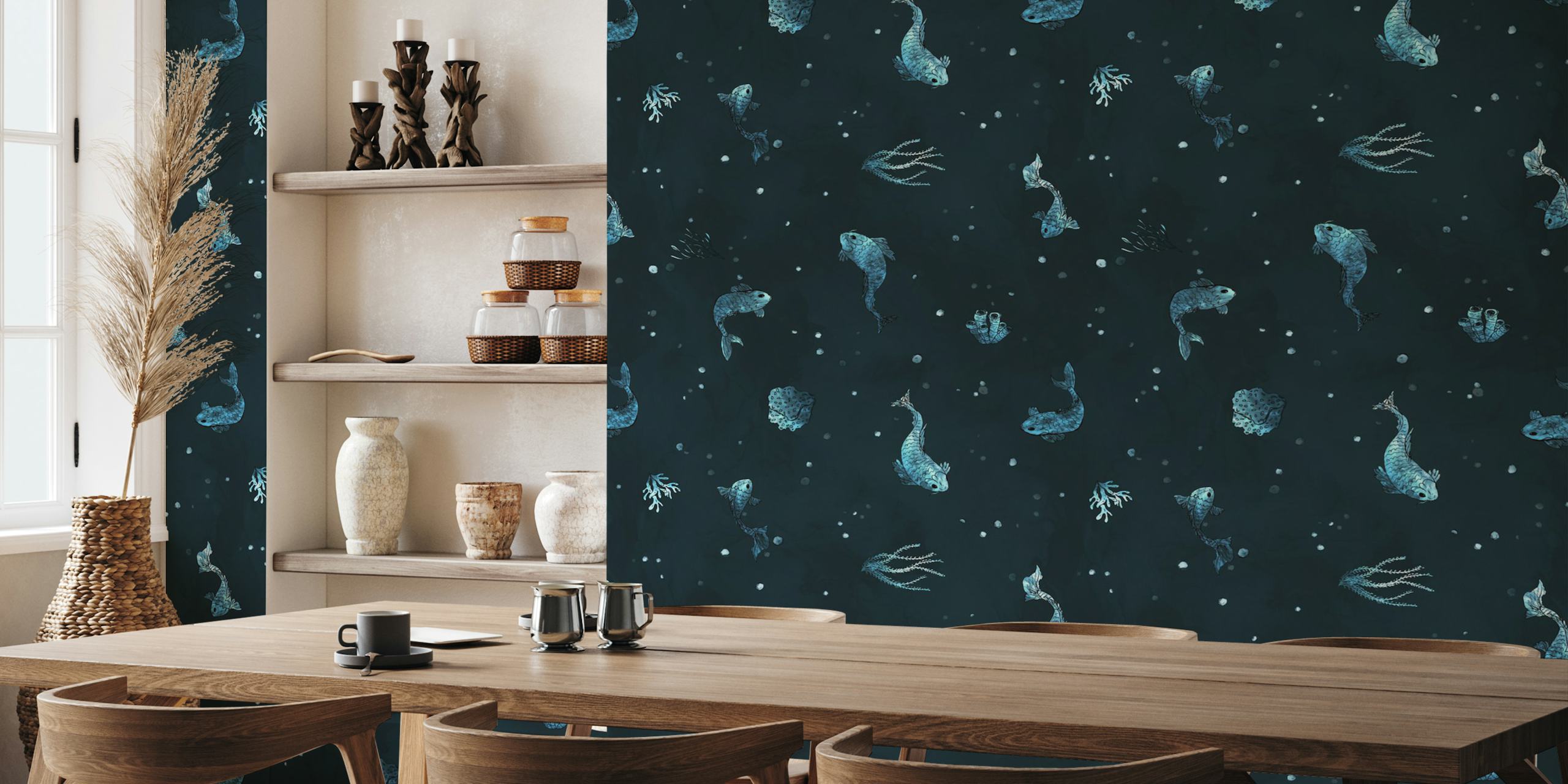 Fish in dark ocean-themed wallpaper
