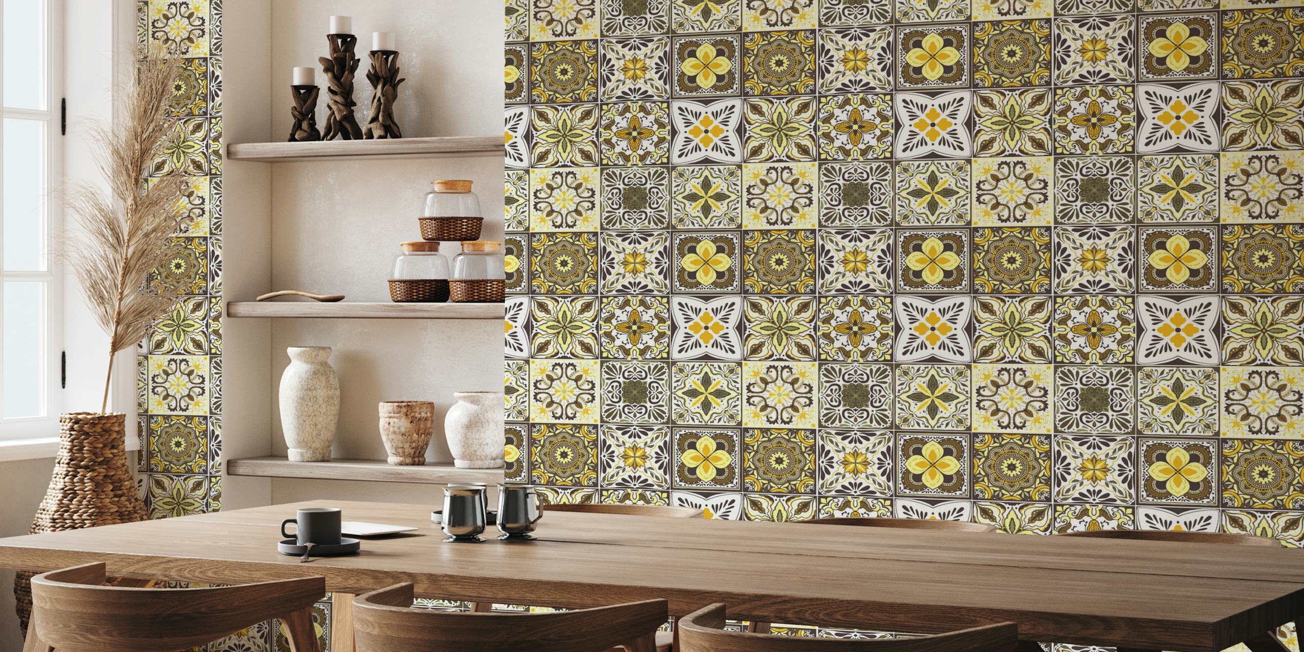 Vintage tile patterns in yellow and brown wallpaper