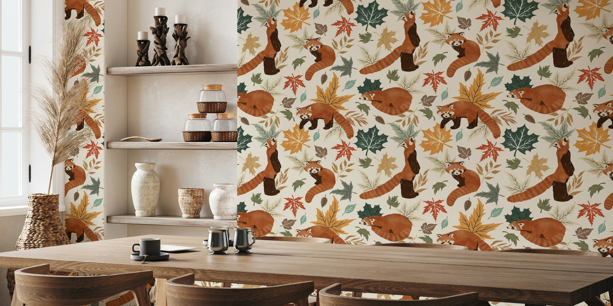Cozy fall red panda scene wallpaper in a room
