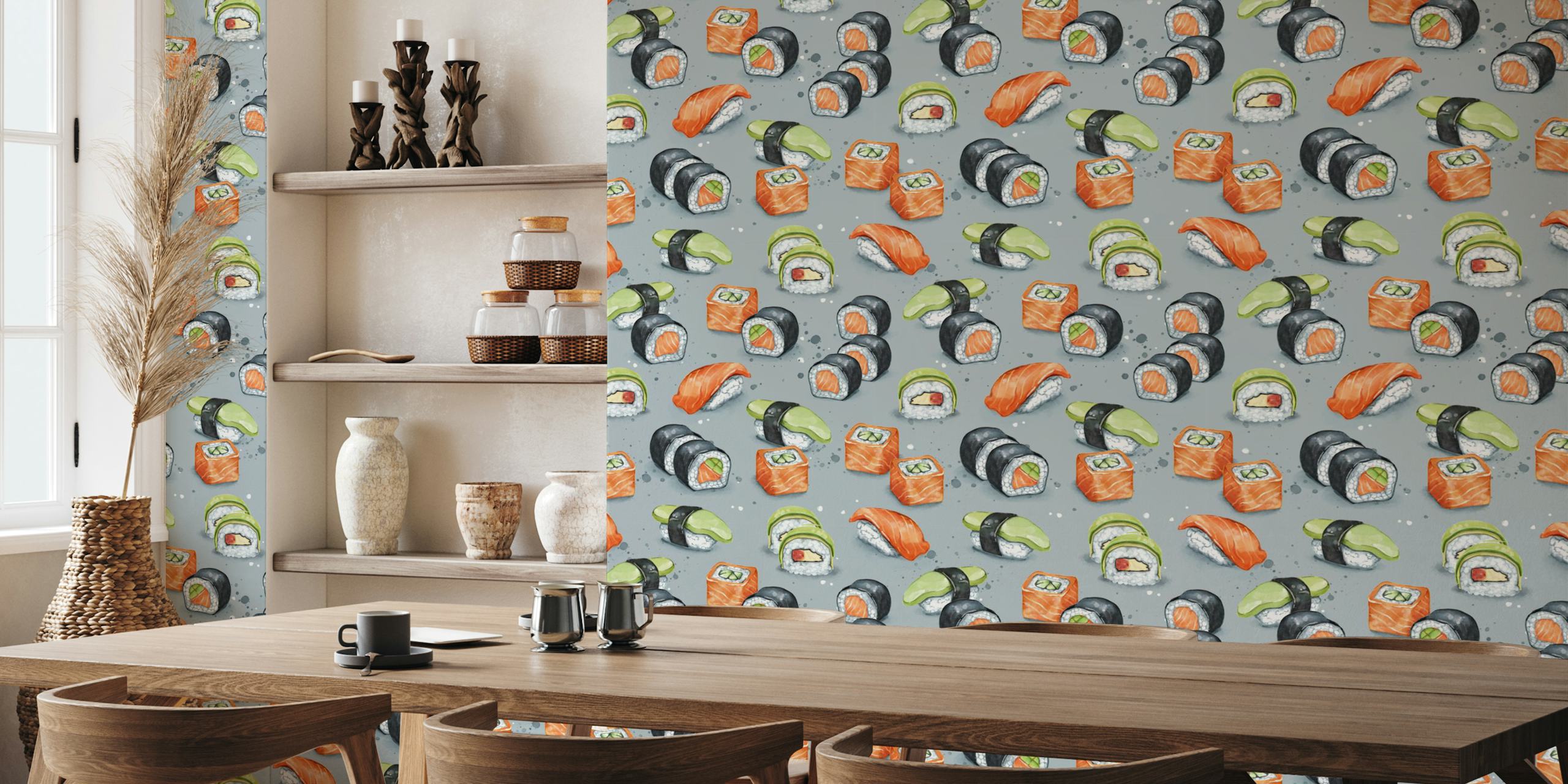 Colorful sushi roll patterns on a gray background wallpaper
