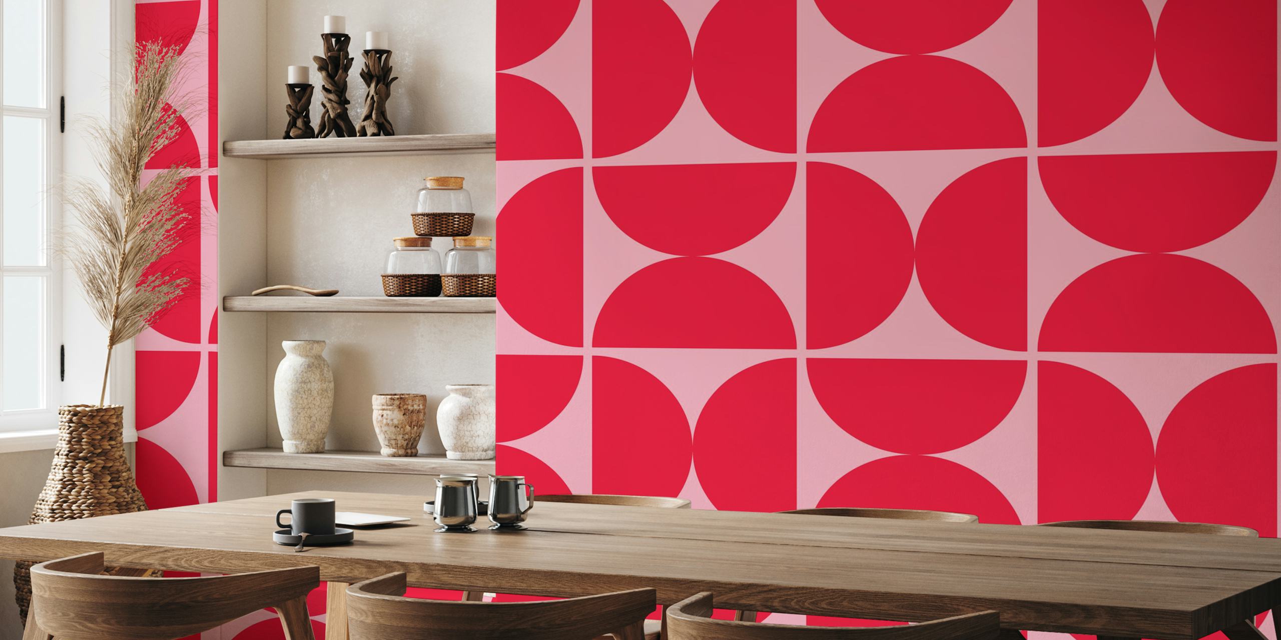 Semicircles pink and crimson red wallpaper in room