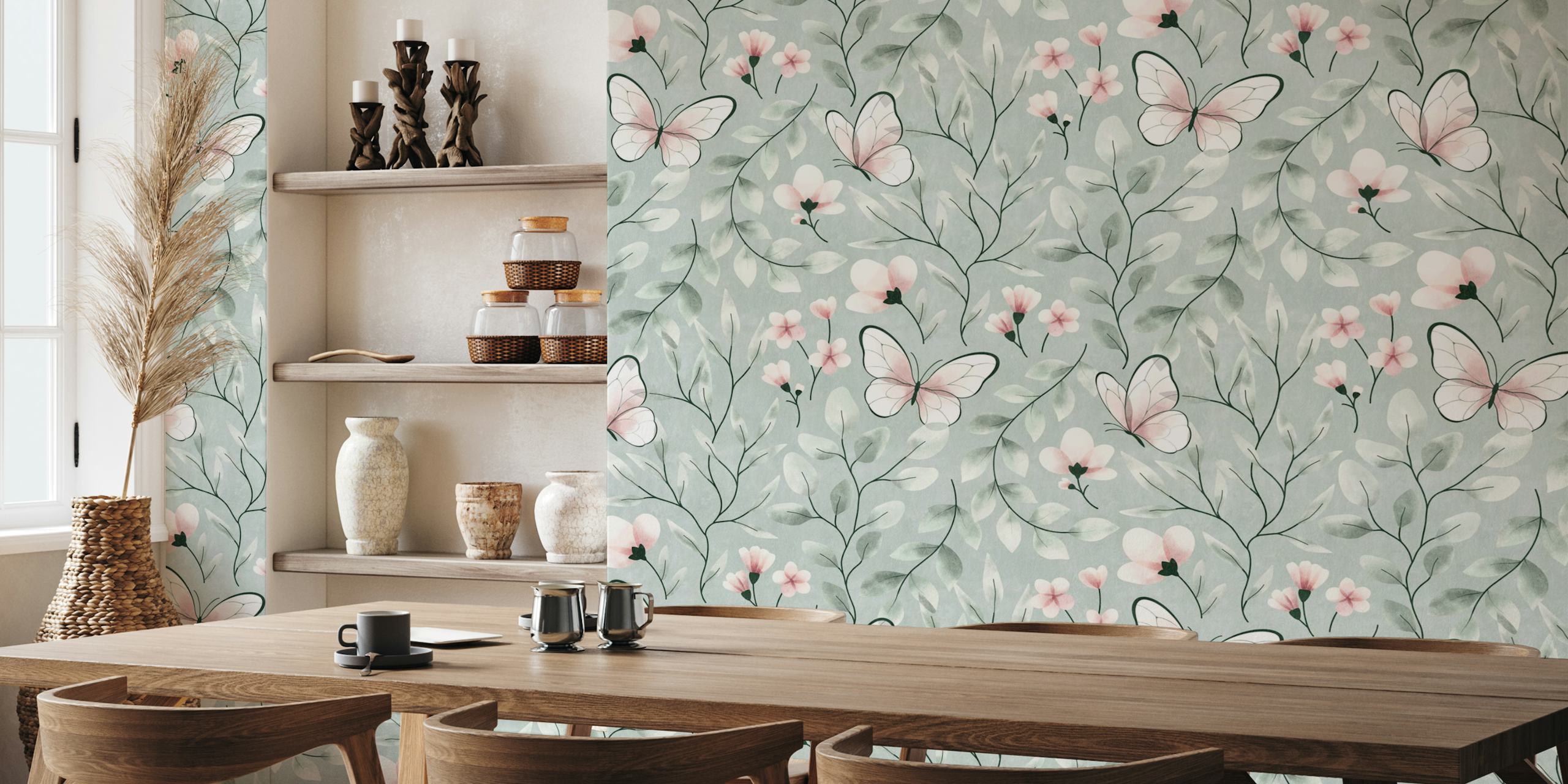 Dizajn tapeta Delicate Butterfly Botanical na plavoj kadulji
