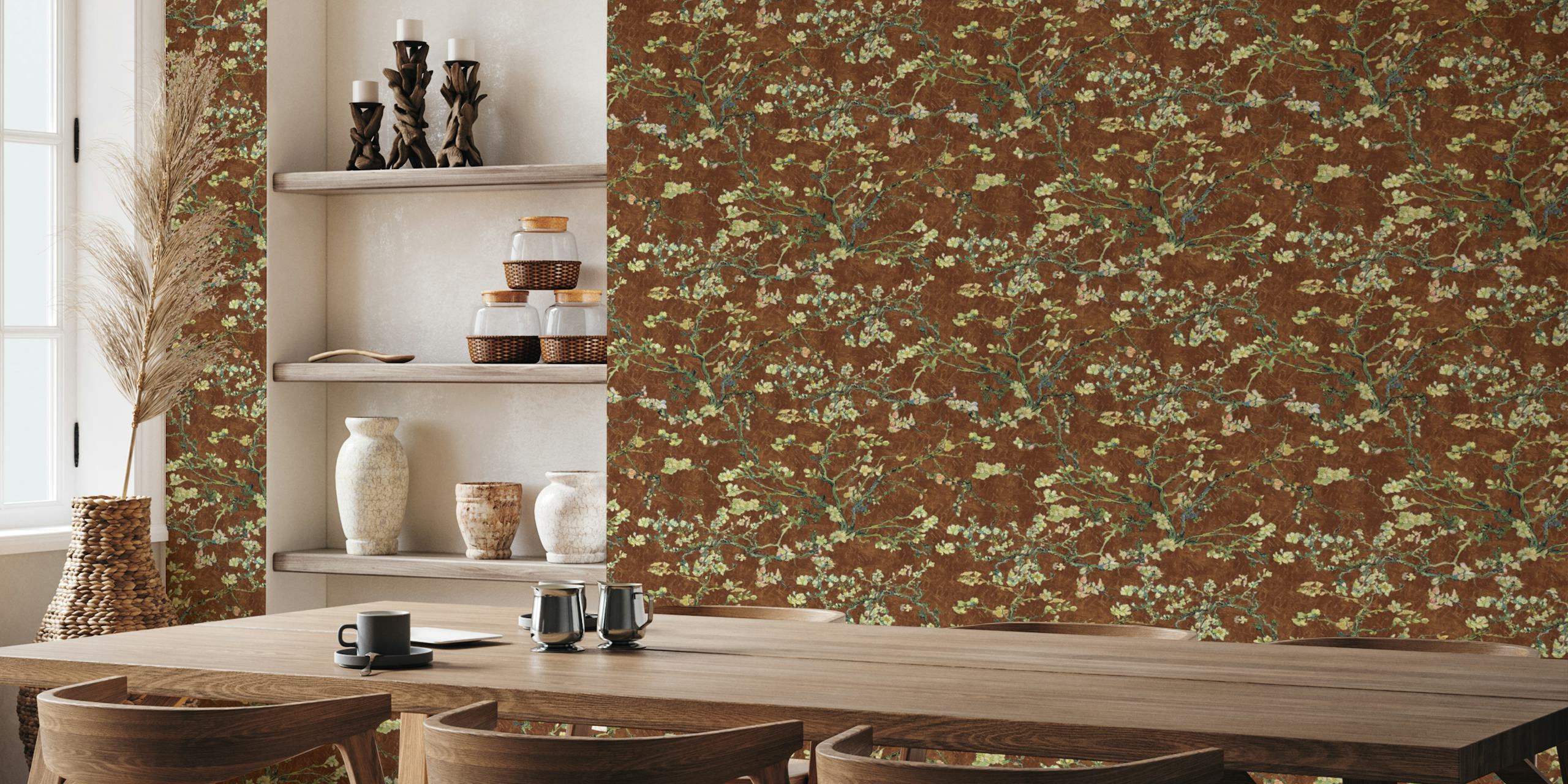Almond blossom branches on rust brown background wallpaper