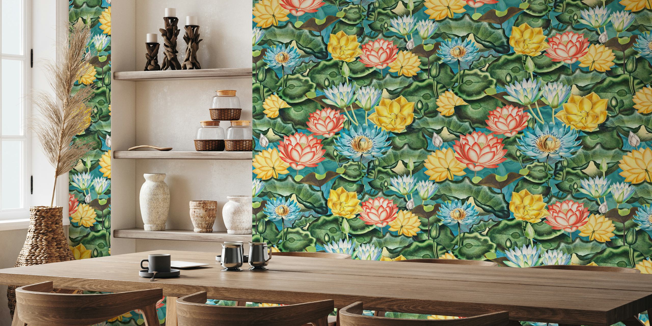 Vibrant lotus flowers wallpaper in a room
