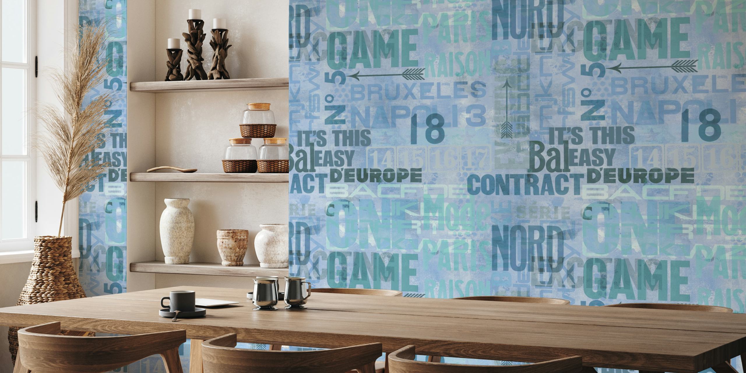 Modern urban typeface fusion wallpaper in a room