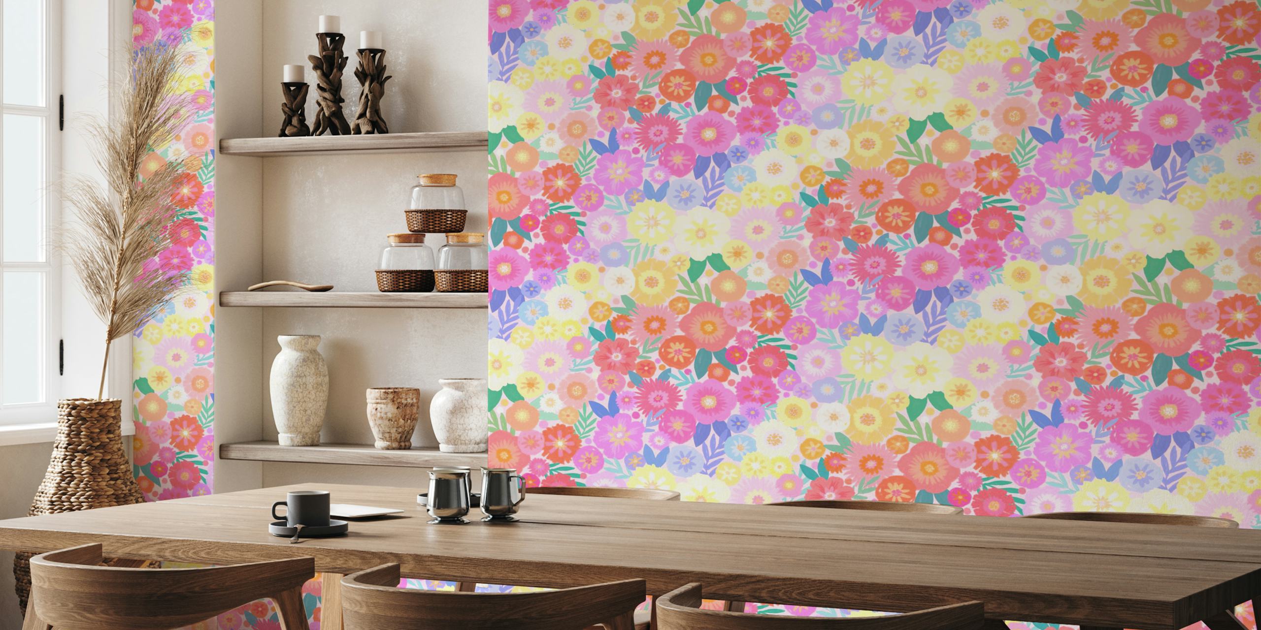 Rainbow Blooms floral wallpaper in a room