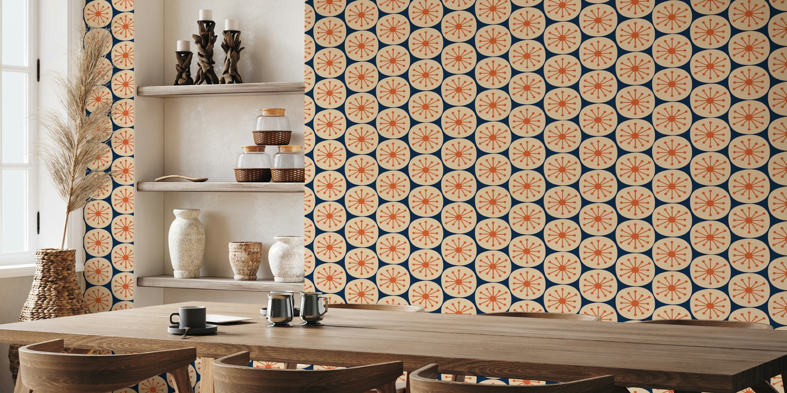 Mid century modern atomic dots in navy and orange wallpaper