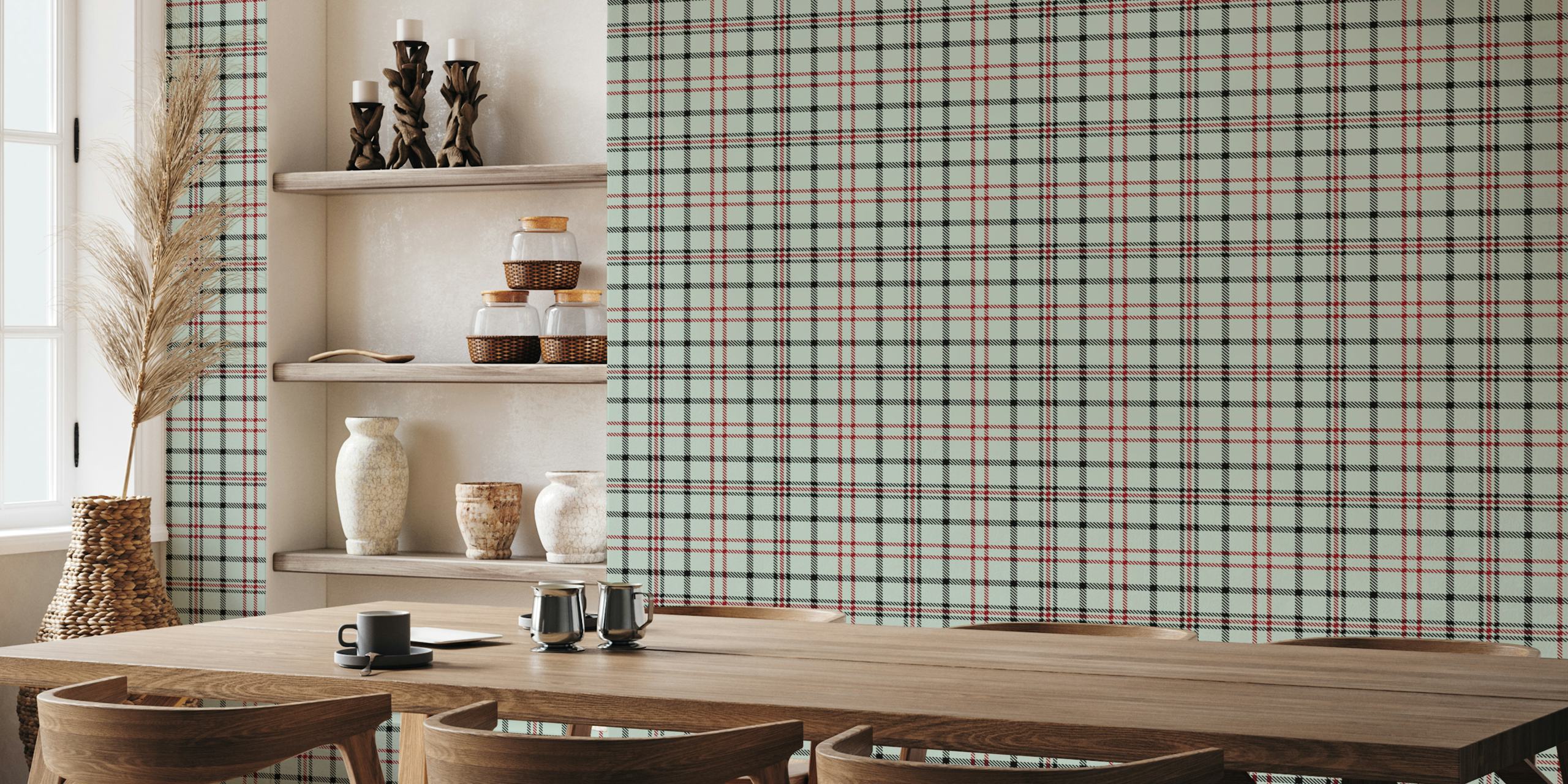 Duck egg tartan wallpaper in a room
