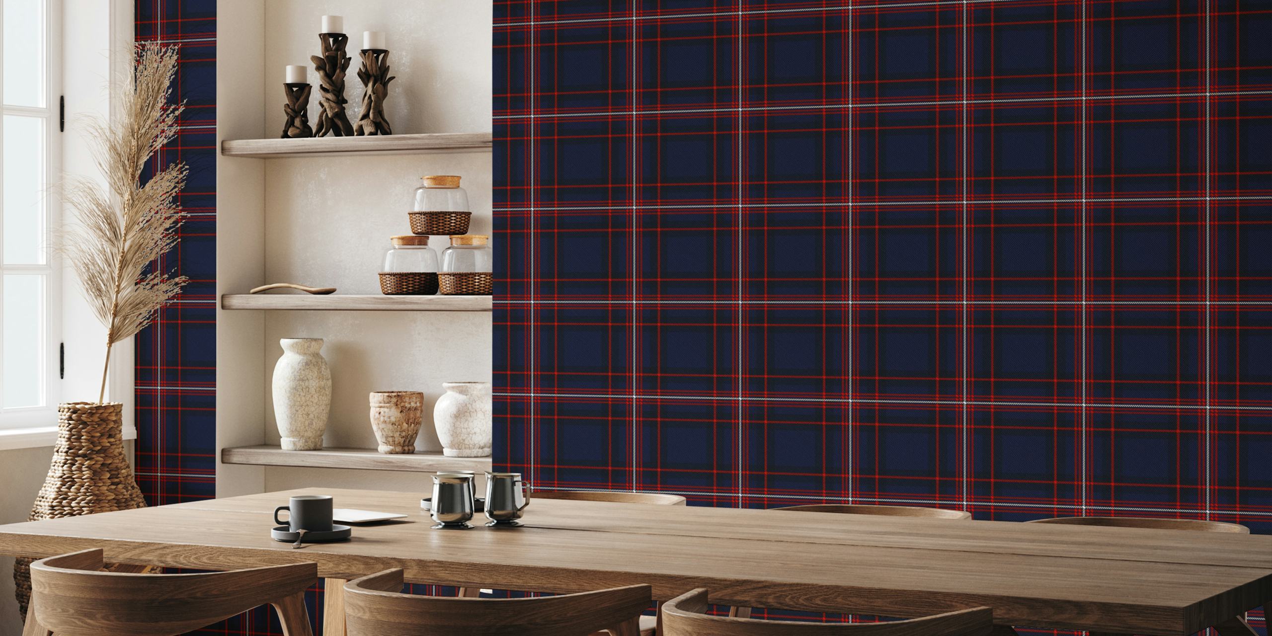 Navy and white tartan pattern with red accents wallpaper