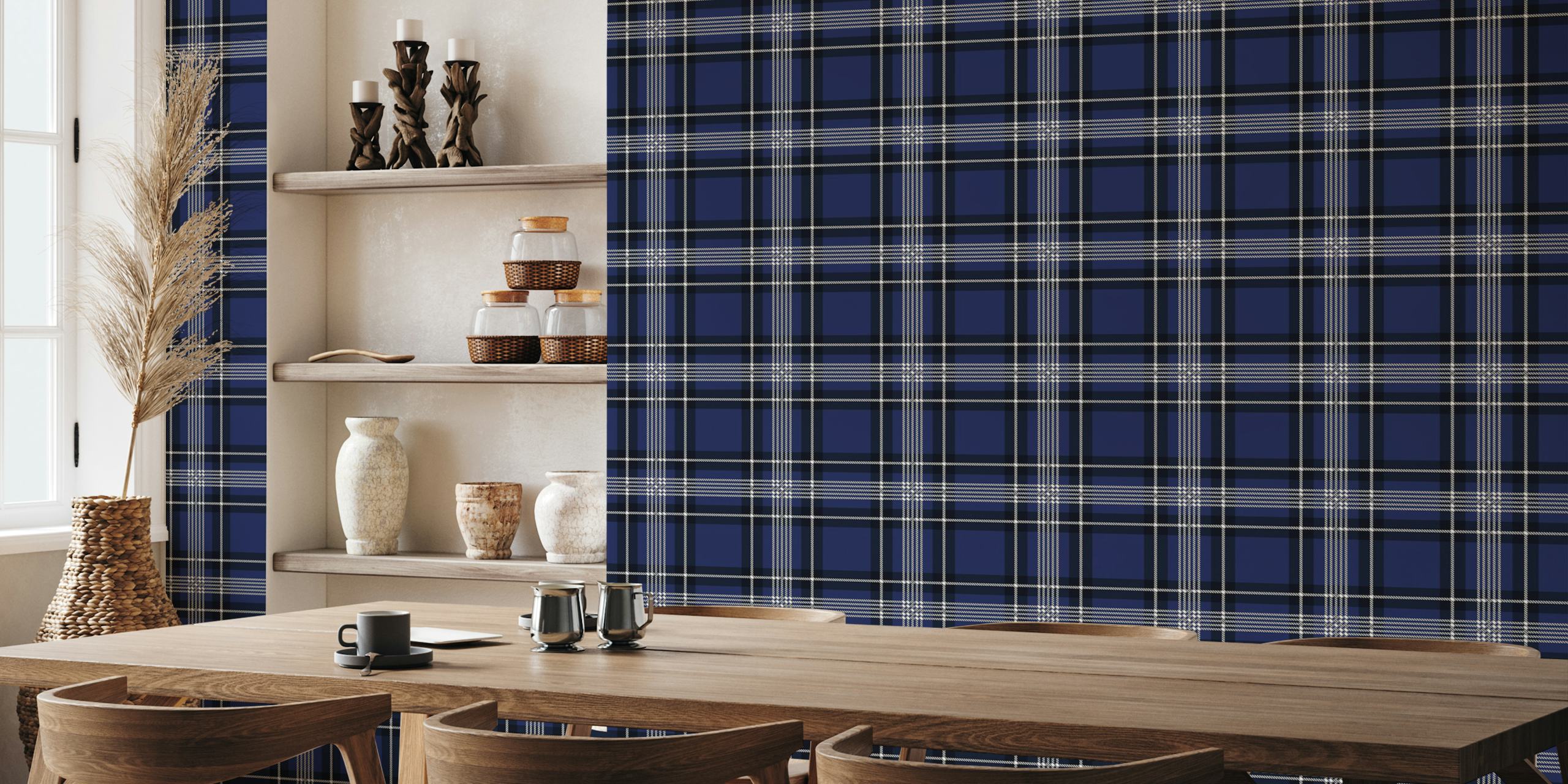 Navy and white tartan wallpaper in una stanza