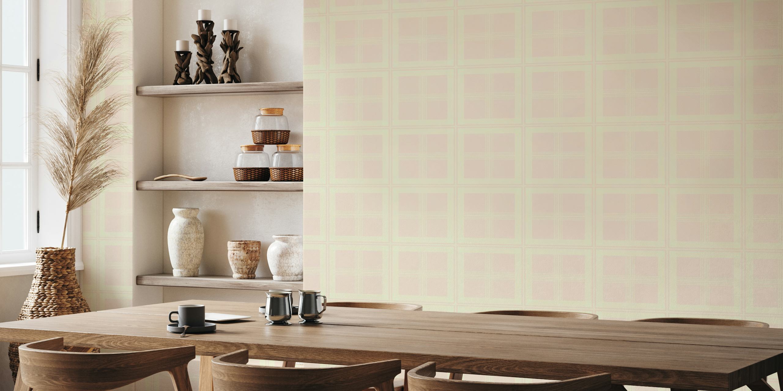 Light pink tartan wallpaper displayed in a room
