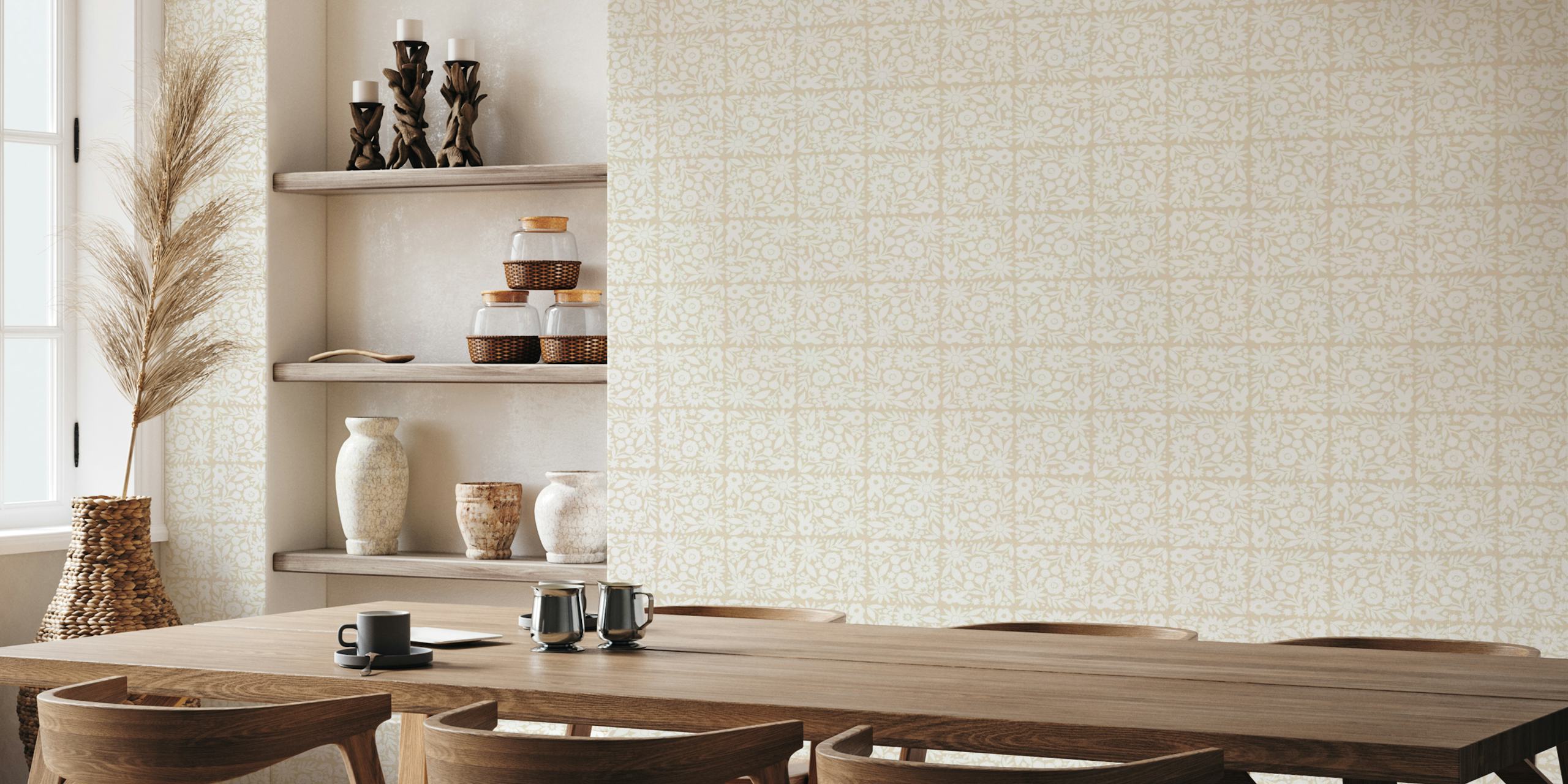 White floral patterns with leaves on a cream background wallpaper