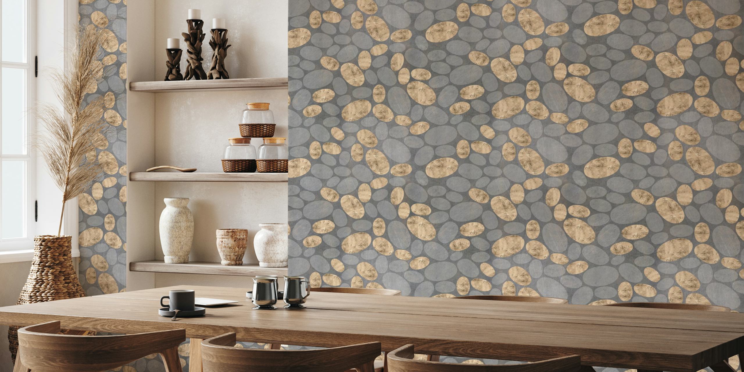 Abstract Pebbles in Gold & Grey wallpaper in a room