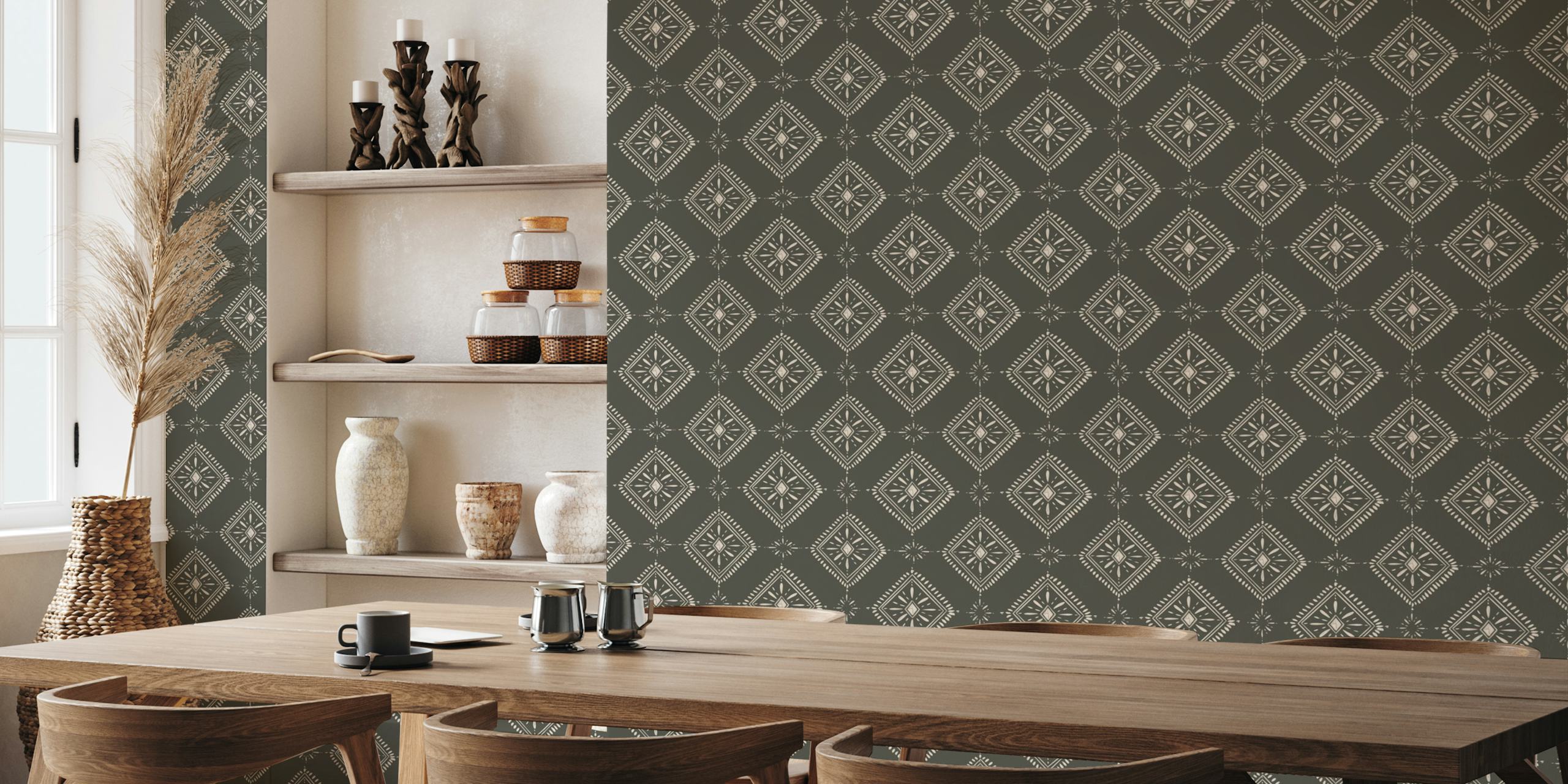 Geometric diamond pattern in earthy tones on wallpaper