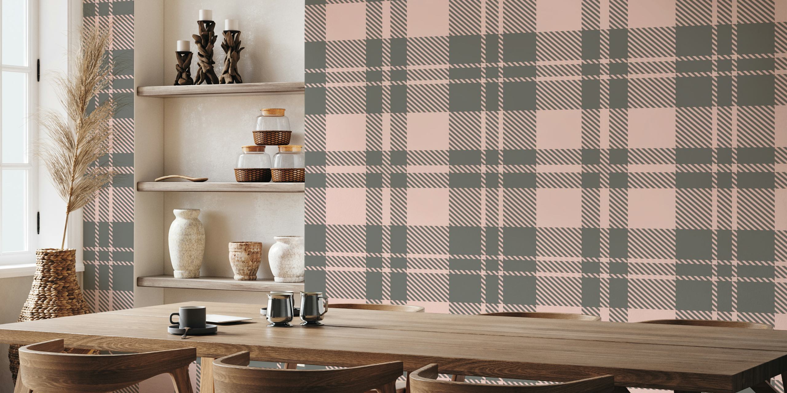 Pink and Grey Eskine Tartan wallpaper in a room