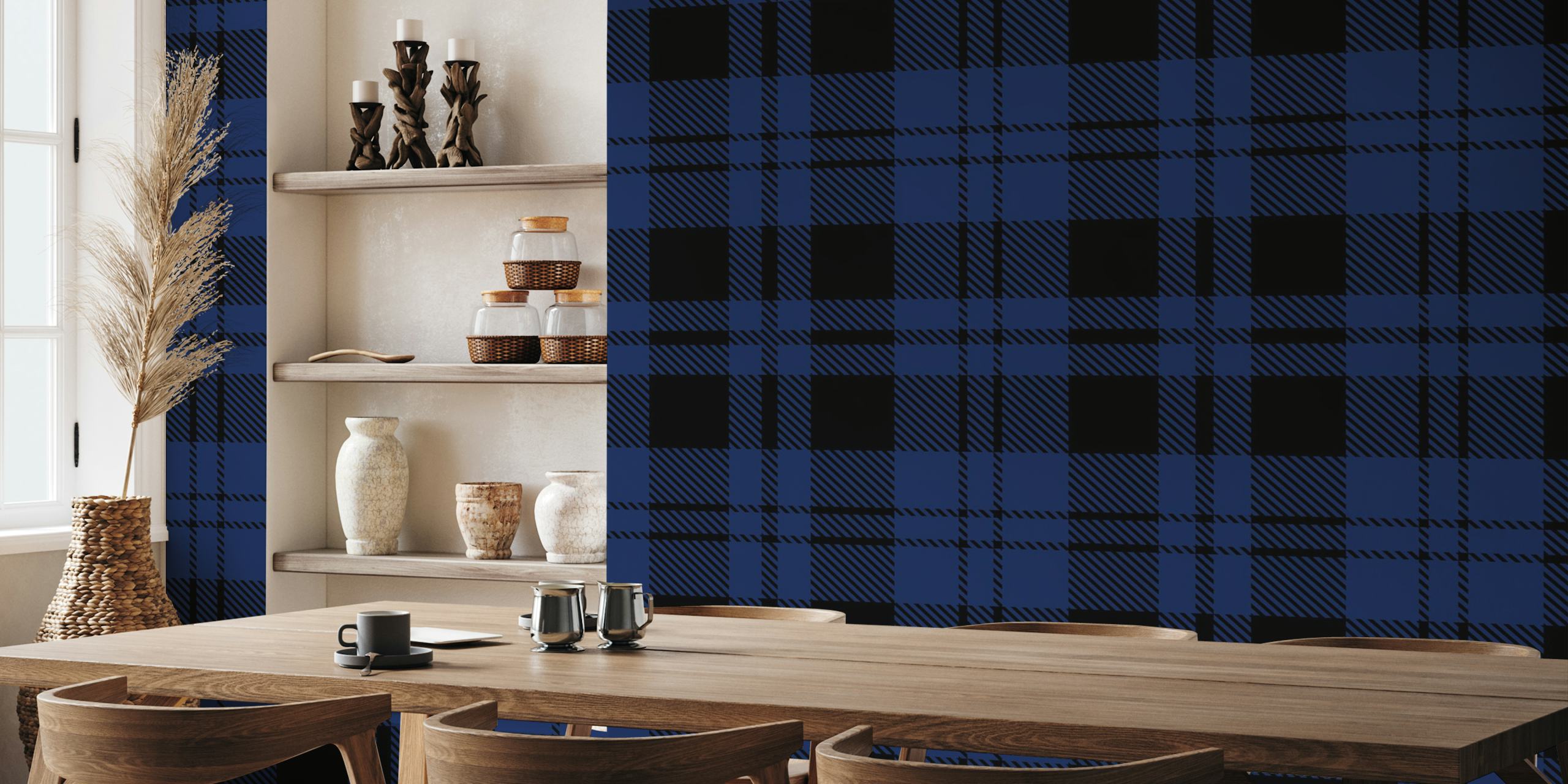 Navy blue plaid pattern wallpaper with black accents in a tartan design