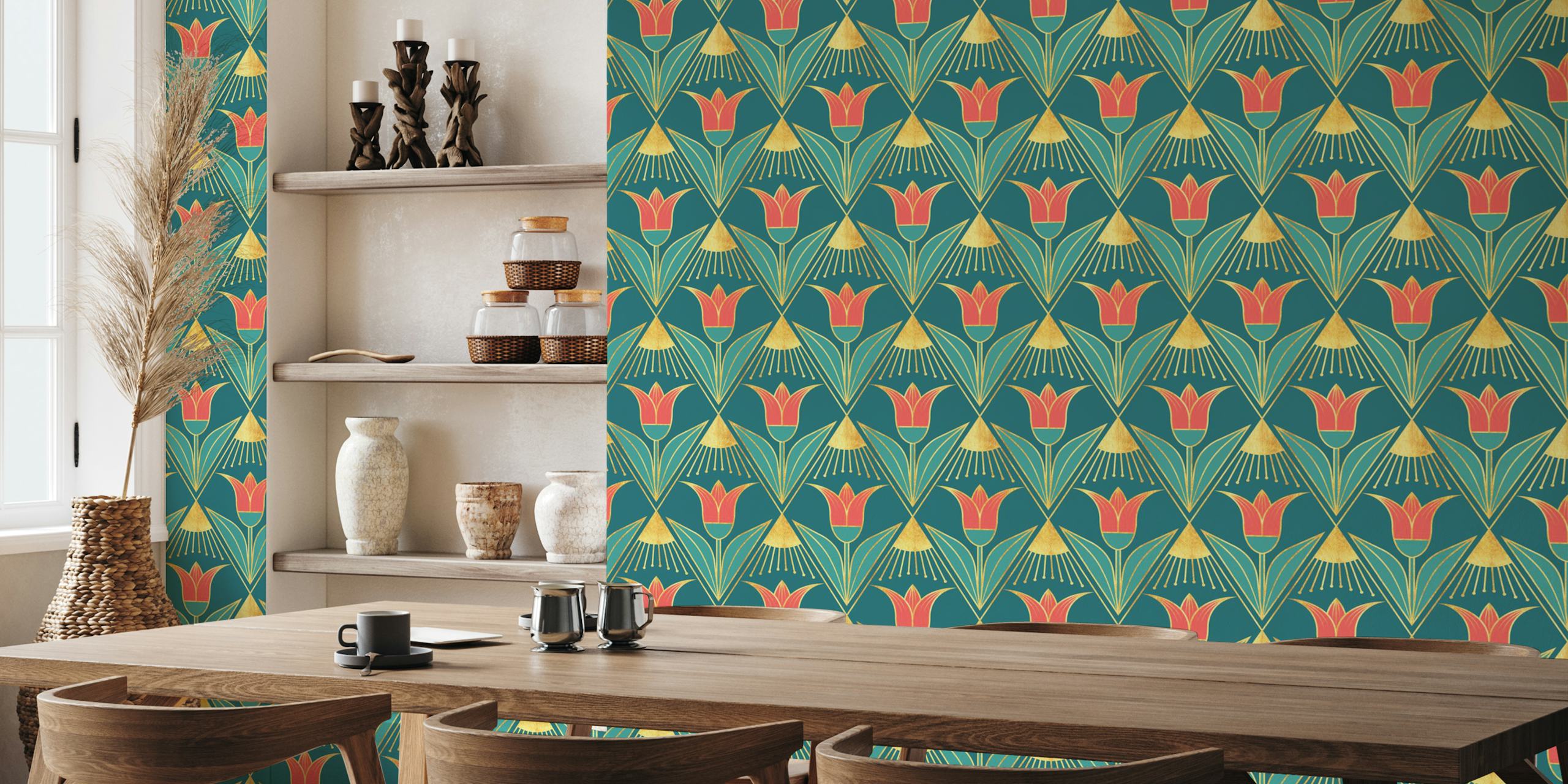 Teal and gold tulip floral design vintage wallpaper