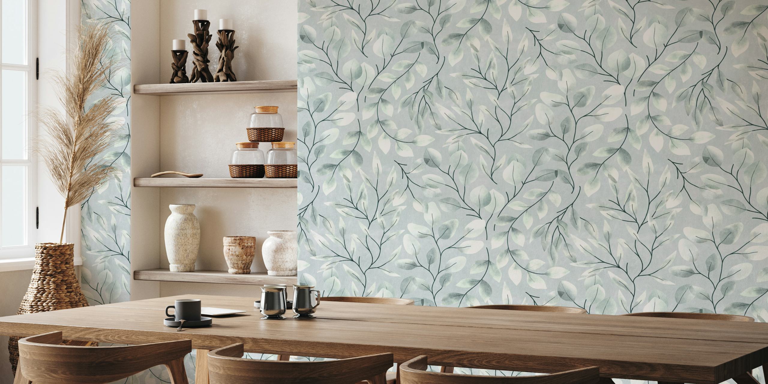 Silver eucalyptus leaves on grey background wallpaper