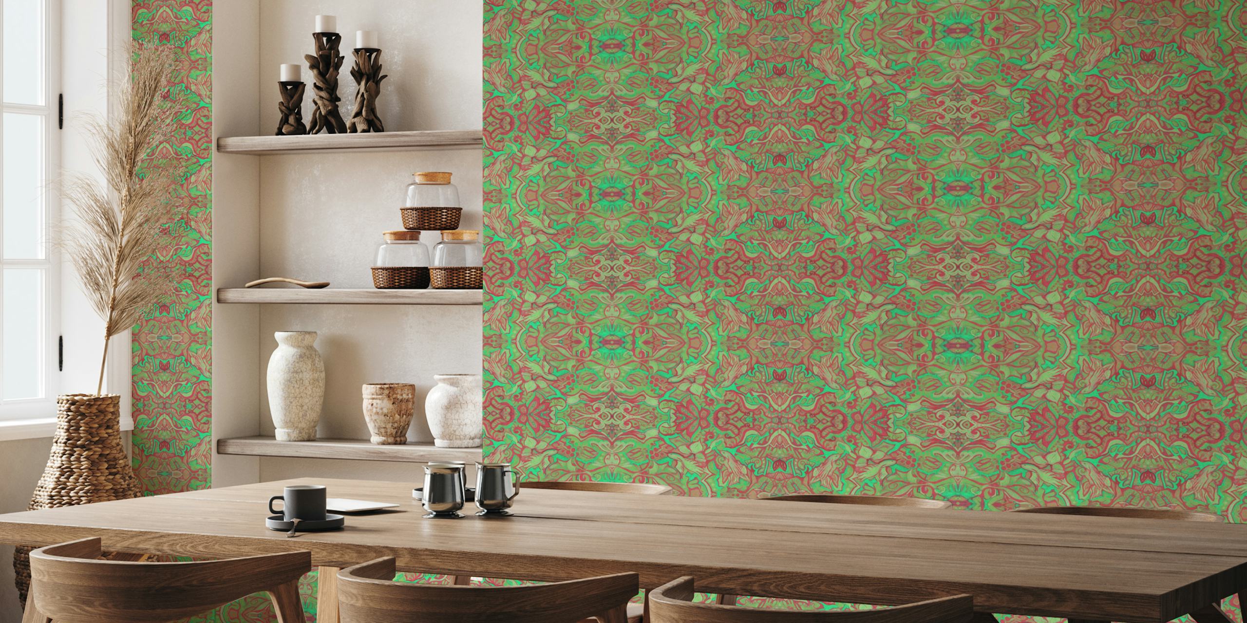 Birds and floral patterns with green and red details wallpaper
