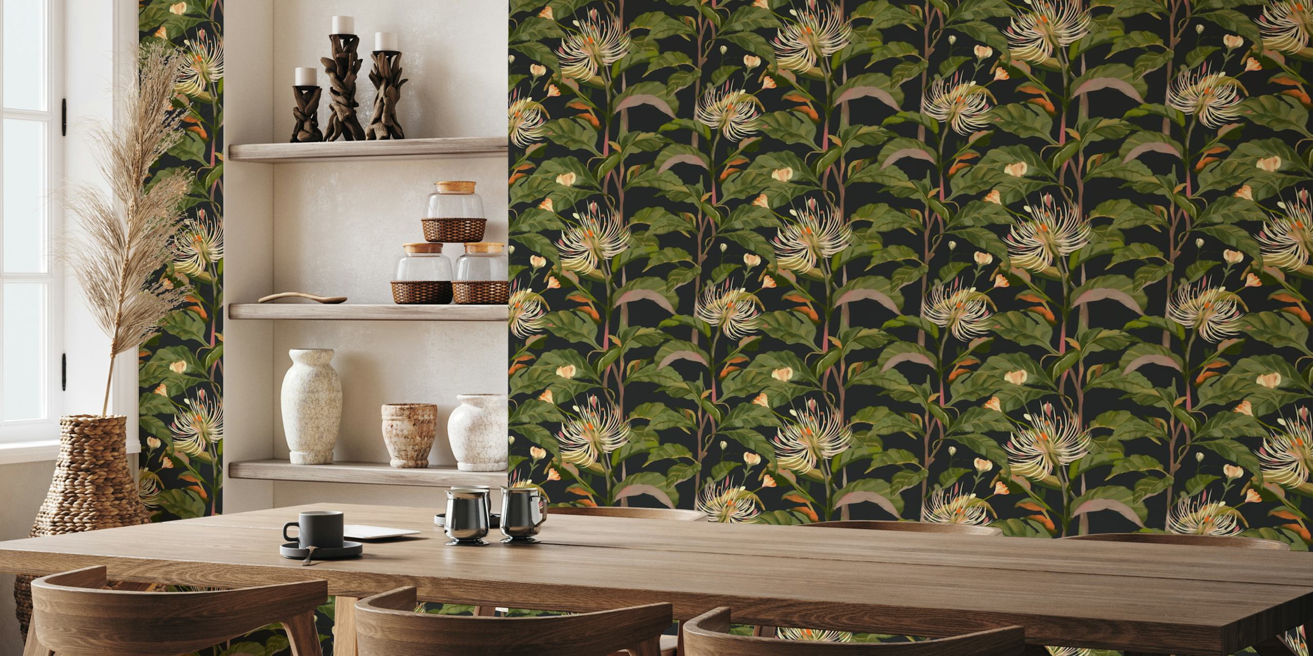 Floral pattern with green leaves and flowers on dark background wallpaper