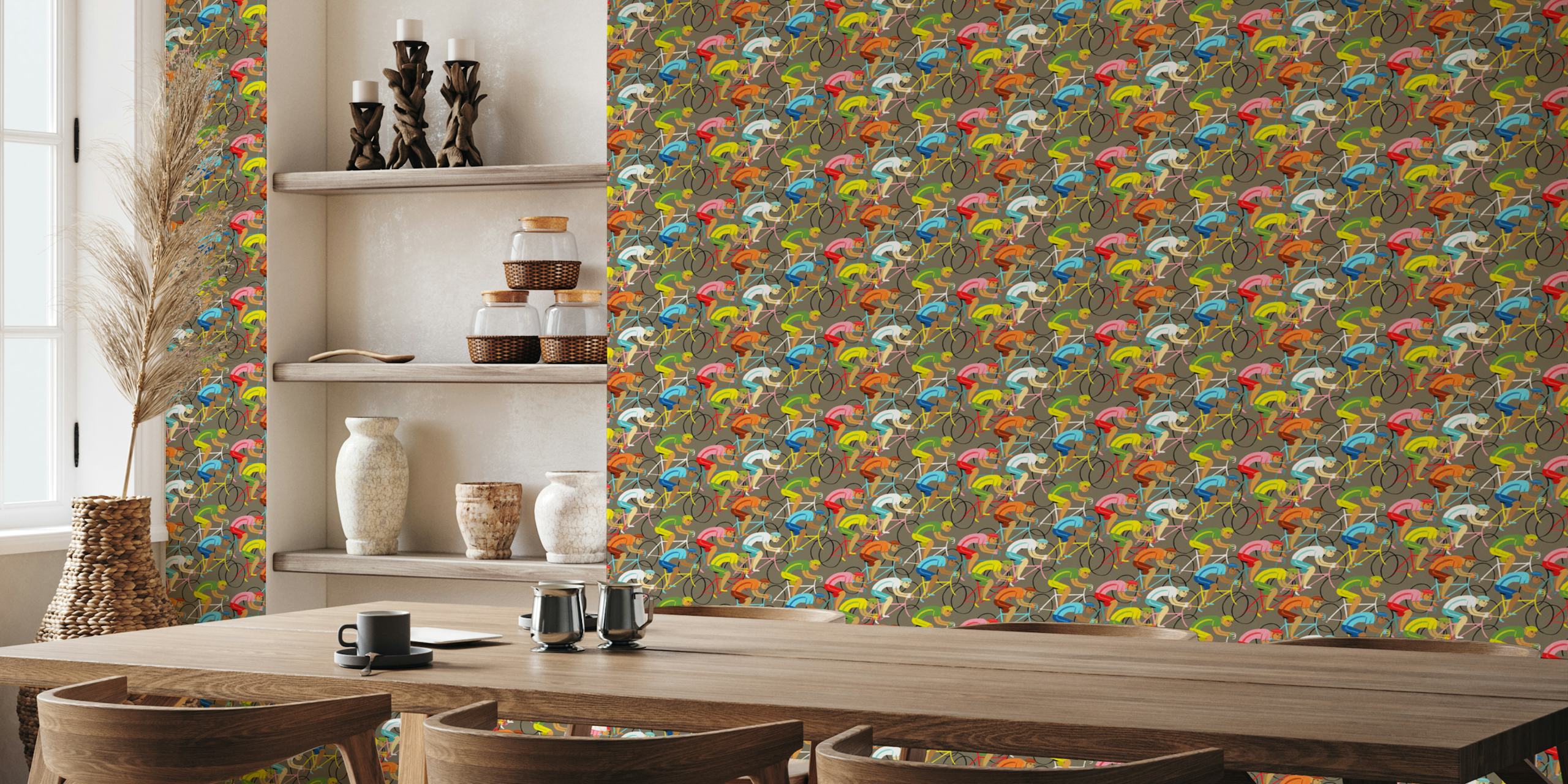 Colorful cyclists on bicycles in a racing pattern wallpaper