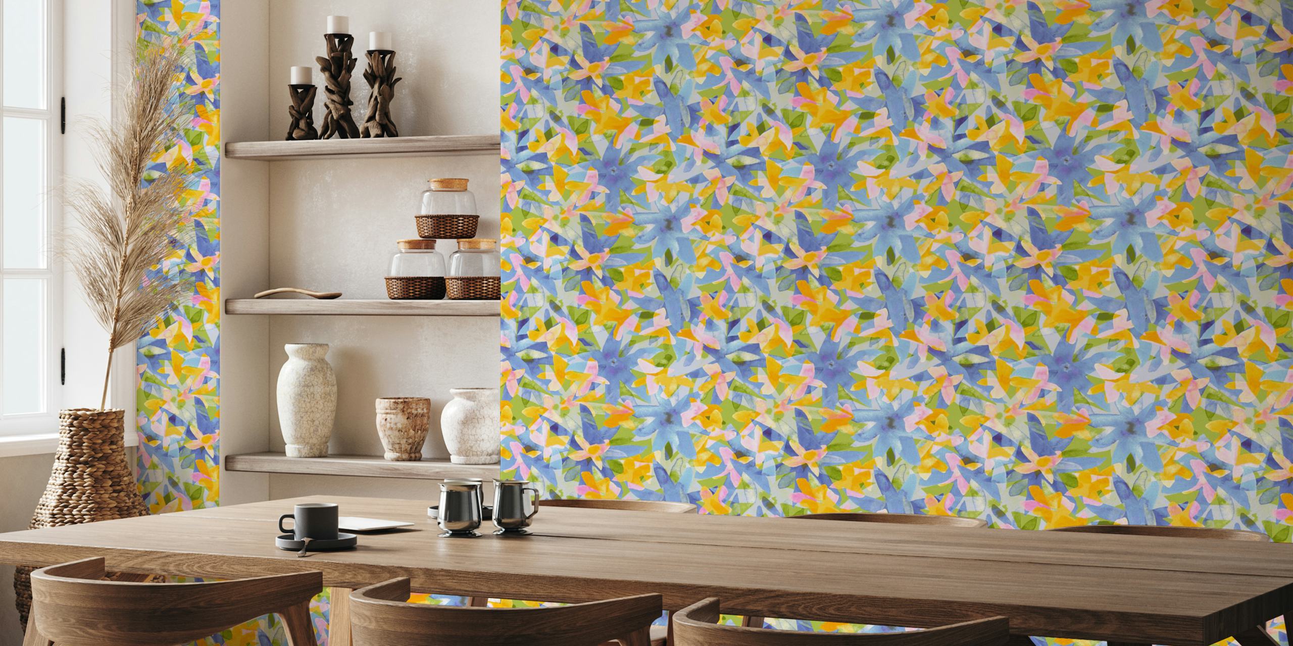 Kleurrijke aquarel bloemenbehang in een kamer