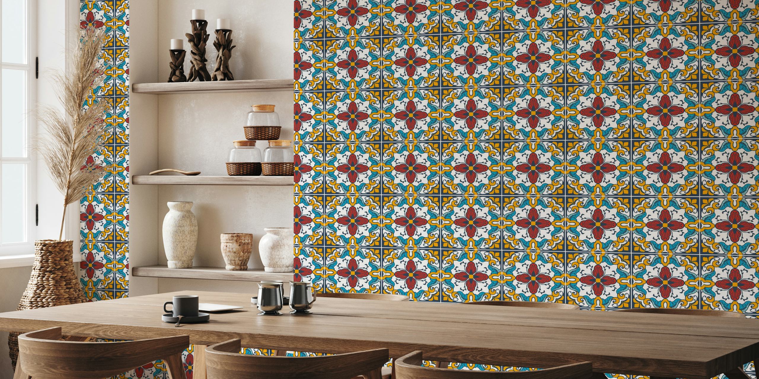 Talavera inspired orange and blue tile wallpaper