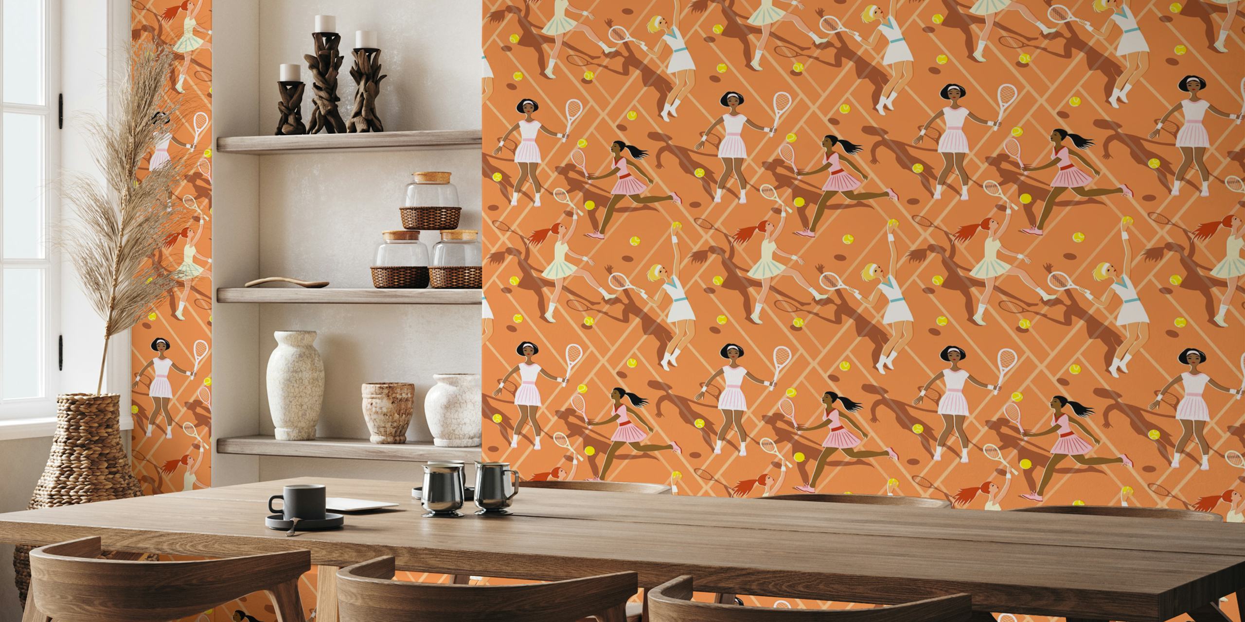 Illustration of tennis ladies with racquets and balls on an orange background wallpaper