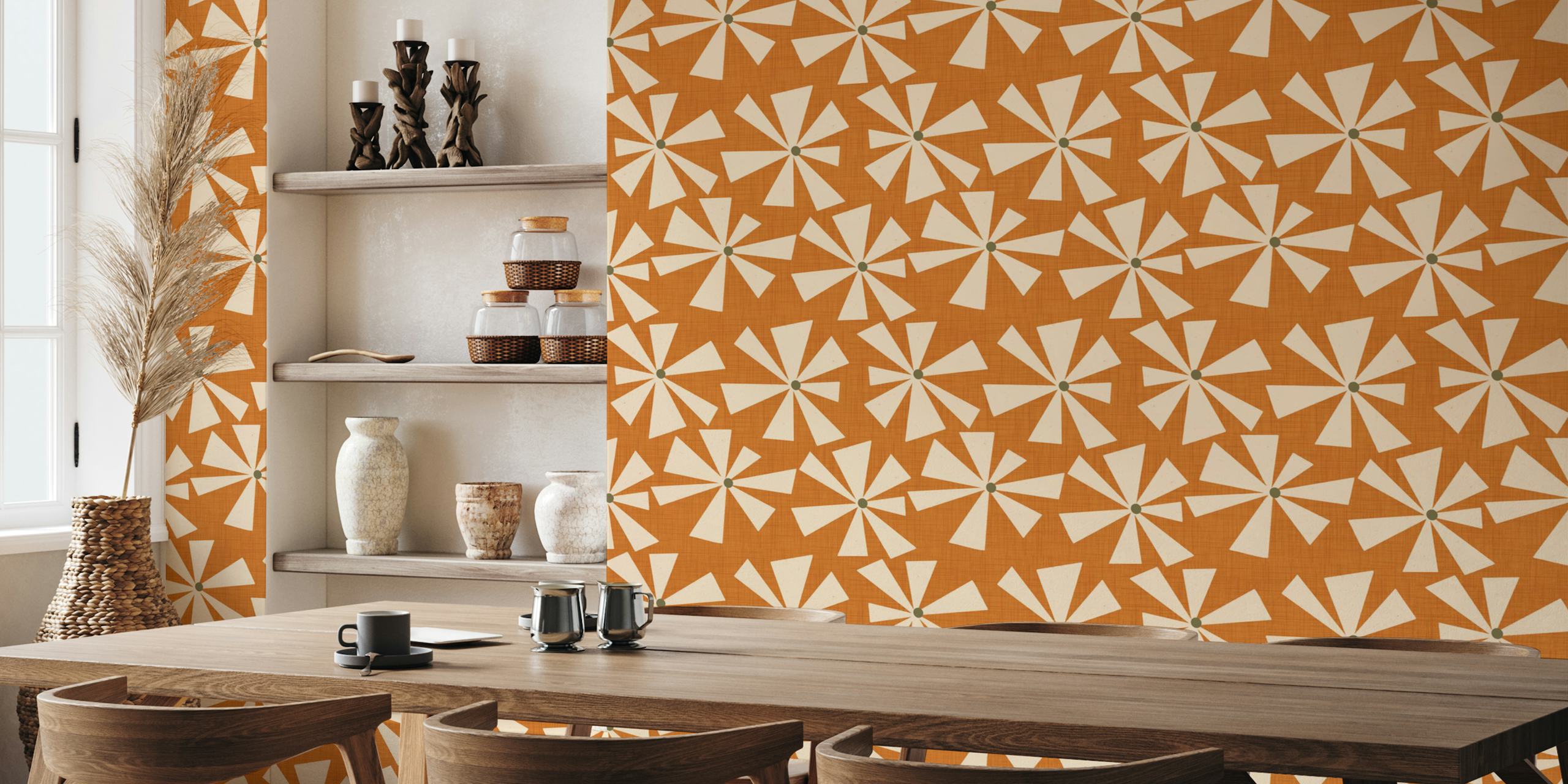 Geometric floral patterns in ochre and cream colors wallpaper