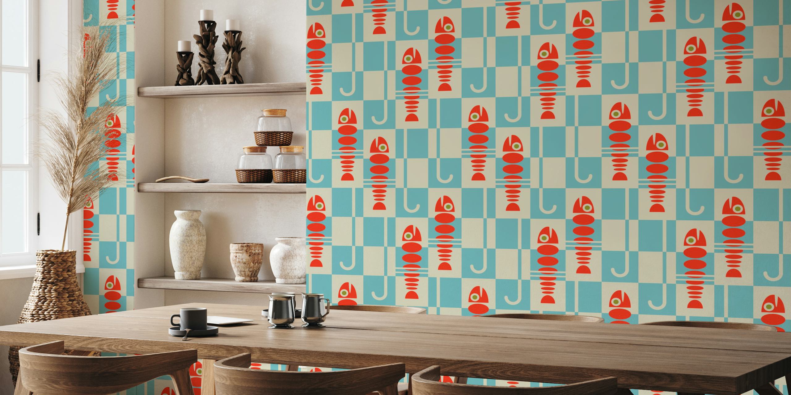 Fish Dinner Mid-Century Retro Checkerboard behang in een kamer