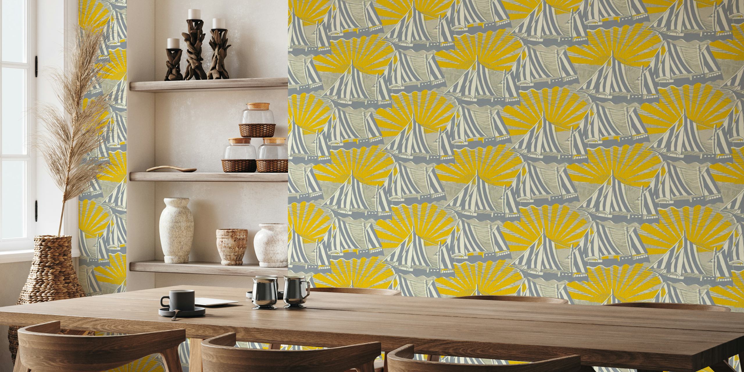 Sailboats and sun yellow grey tapeta u sobi