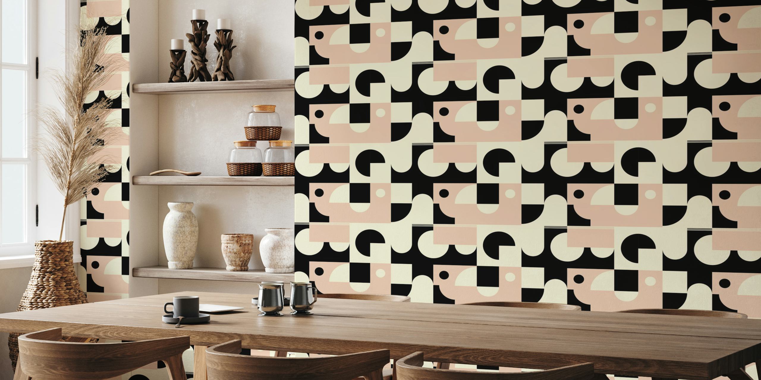 Pink och black geometrisk wallpaper i ett rum