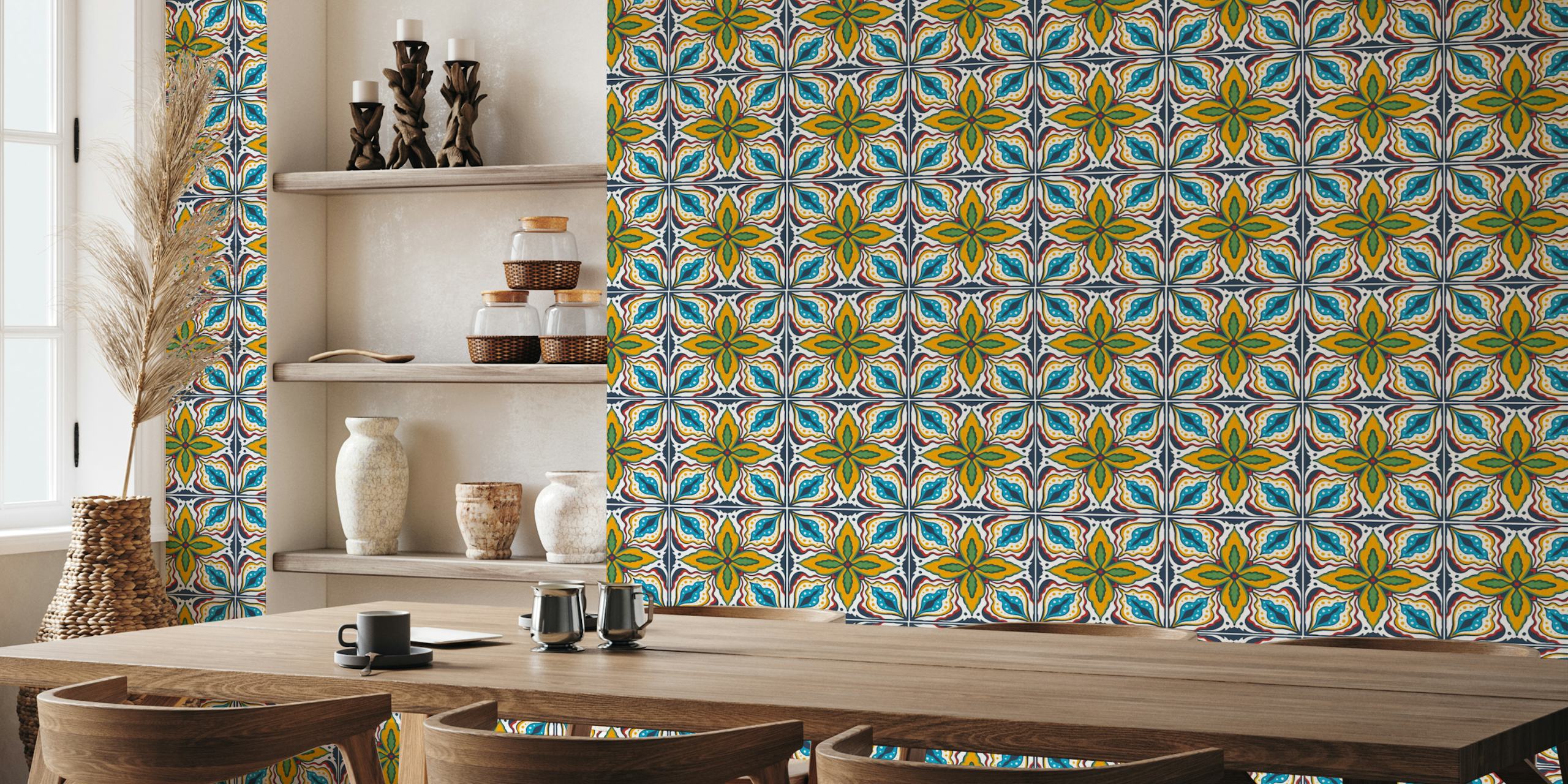 Talavera tiles in orange red and blue wallpaper design