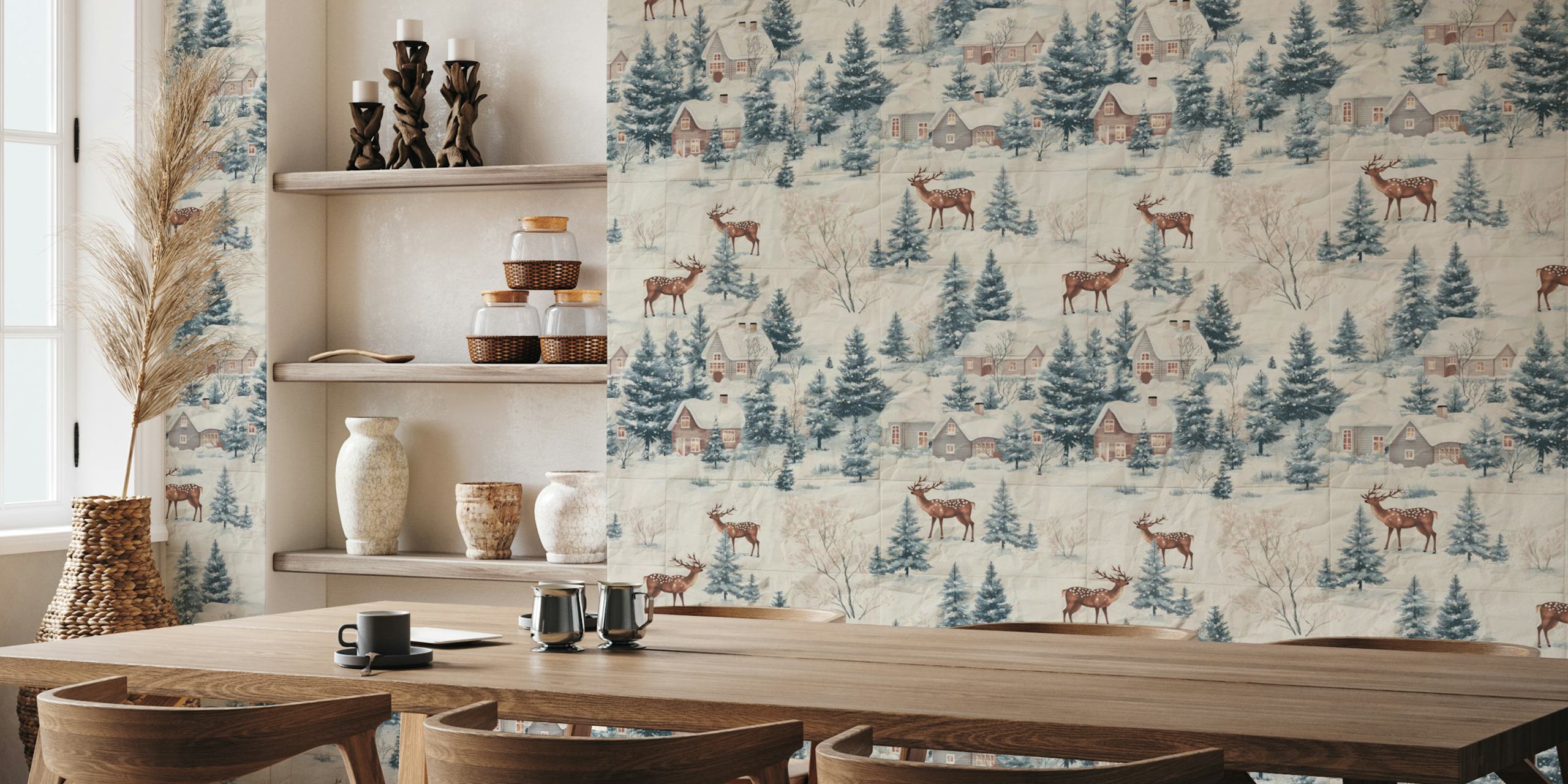 Winterland scene with cabins and deer in blue hues wallpaper