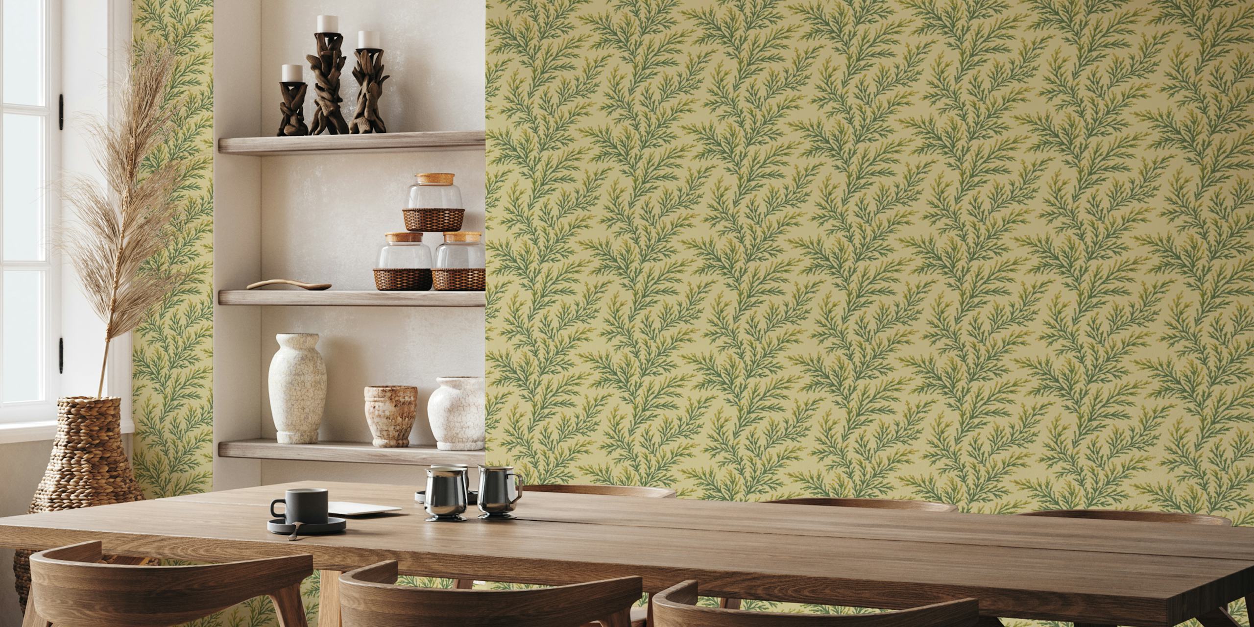 Green pine branches on a pale yellow background wallpaper