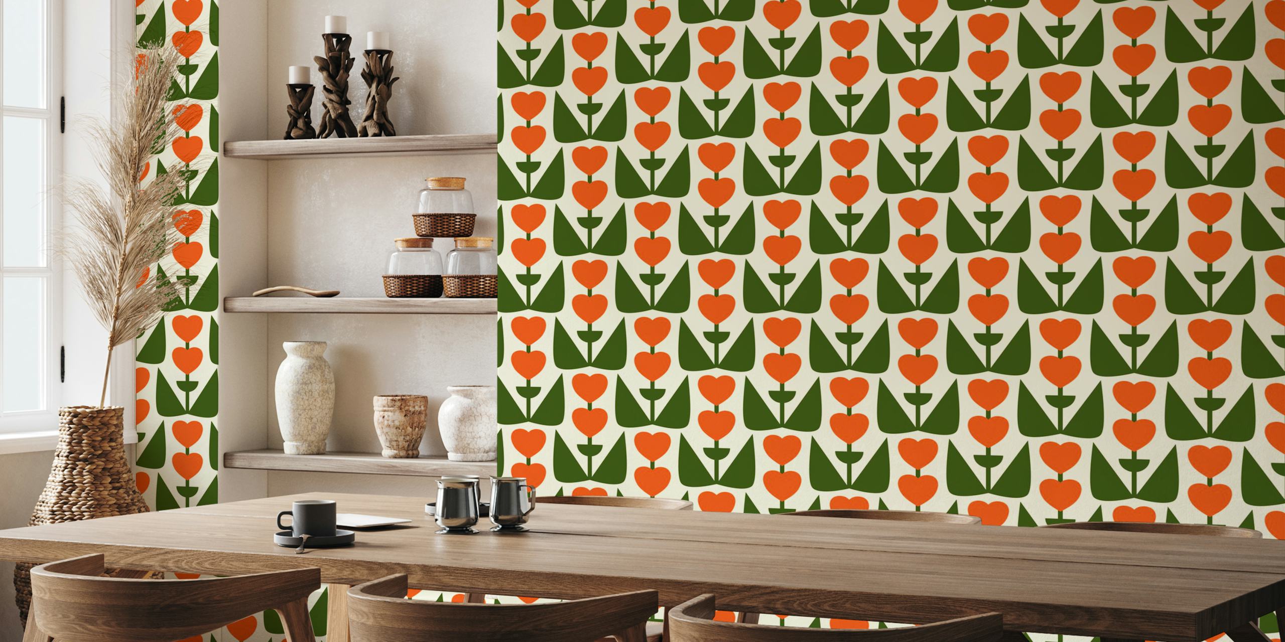 Retro Heart Flowers Orange Green wallpaper design