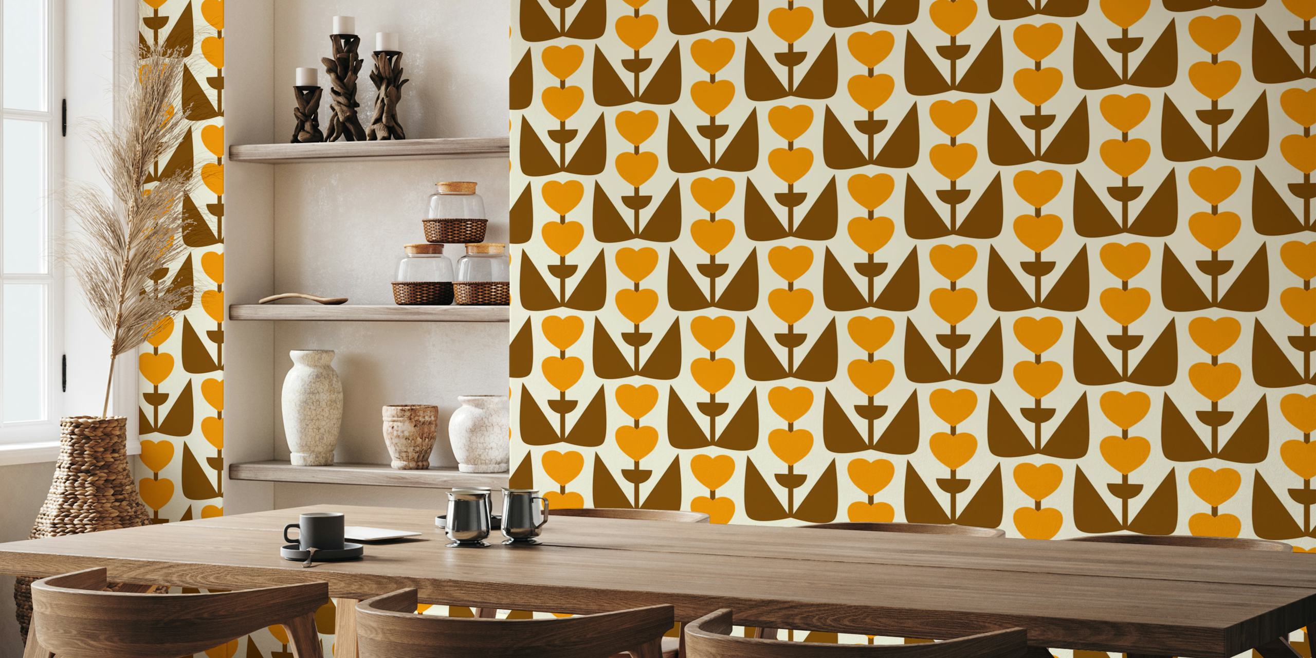 Retro Heart Flowers Yellow Brown wallpaper in a room