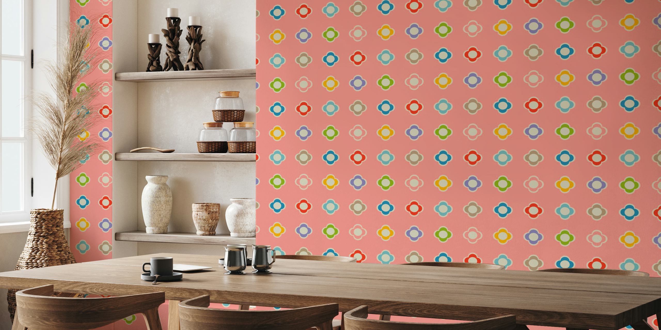 Colorful floral pattern on pink background wallpaper