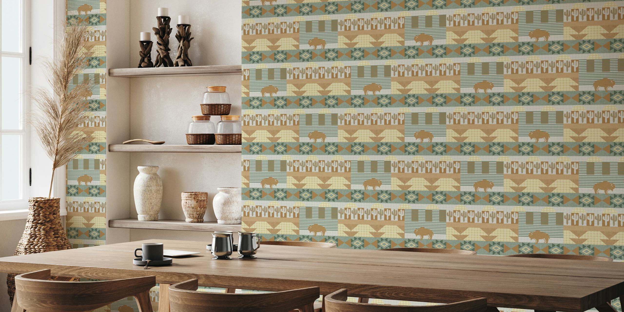 Geometric pattern with buffalo, cacti, and earthy colors wallpaper