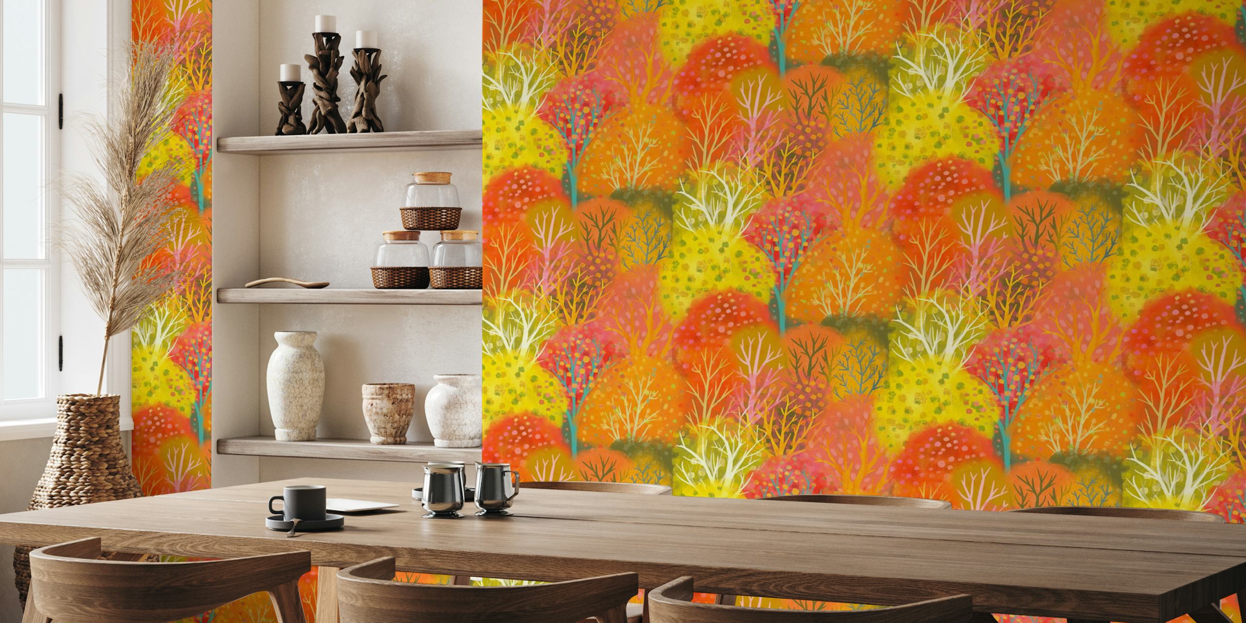 Colorful autumn floral patterns in orange, pink, and yellow wallpaper
