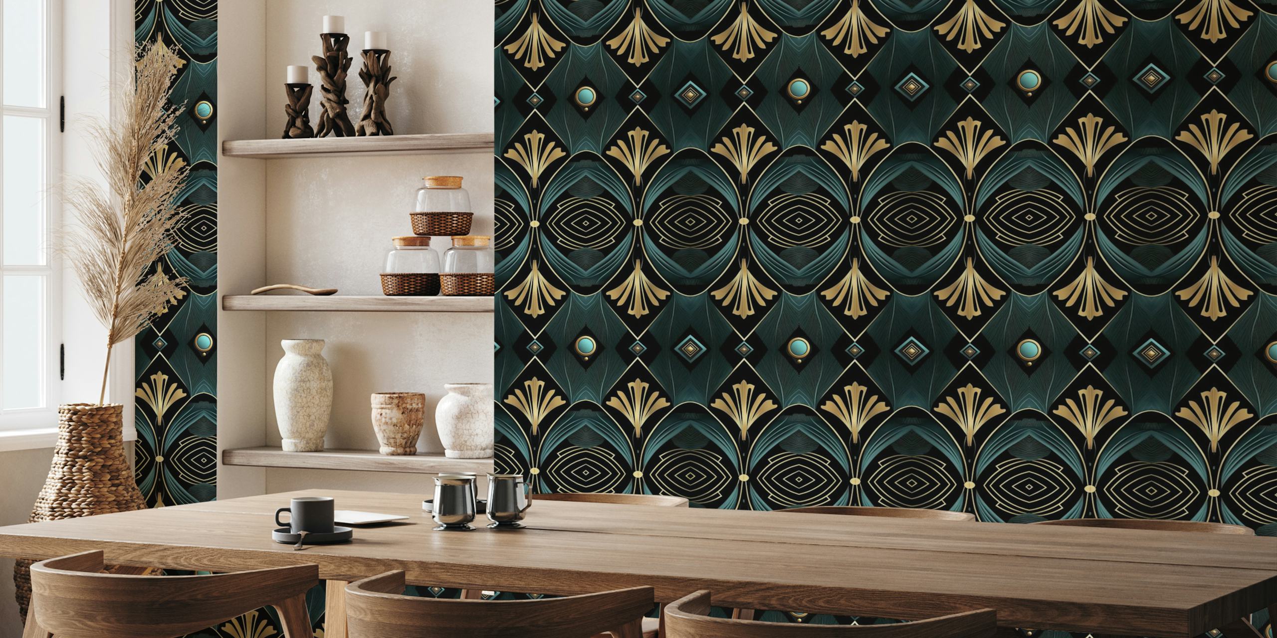 Art Deco patterned wallpaper with gold and dark blue designs