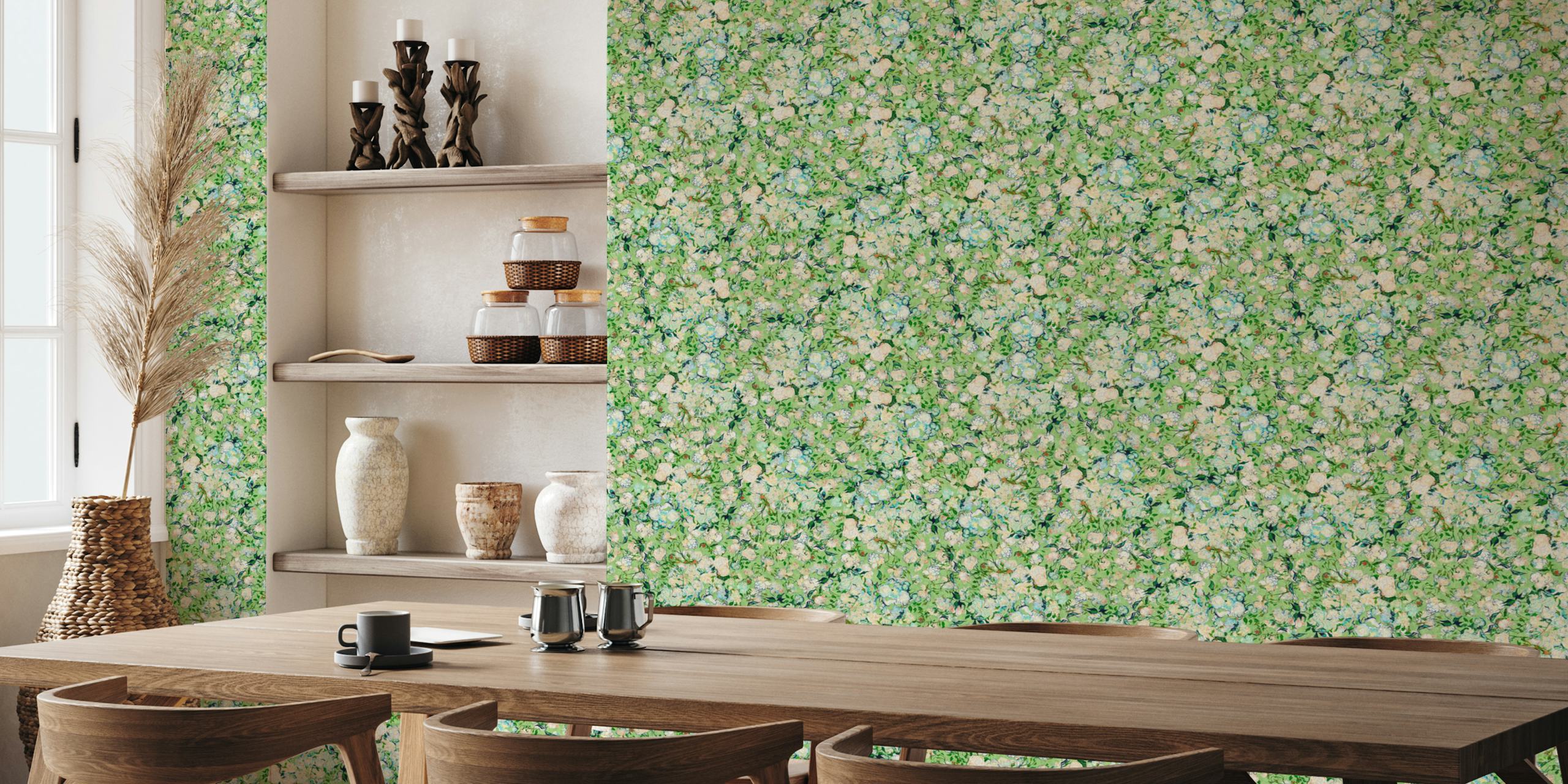Floral pattern with green and cream roses wallpaper