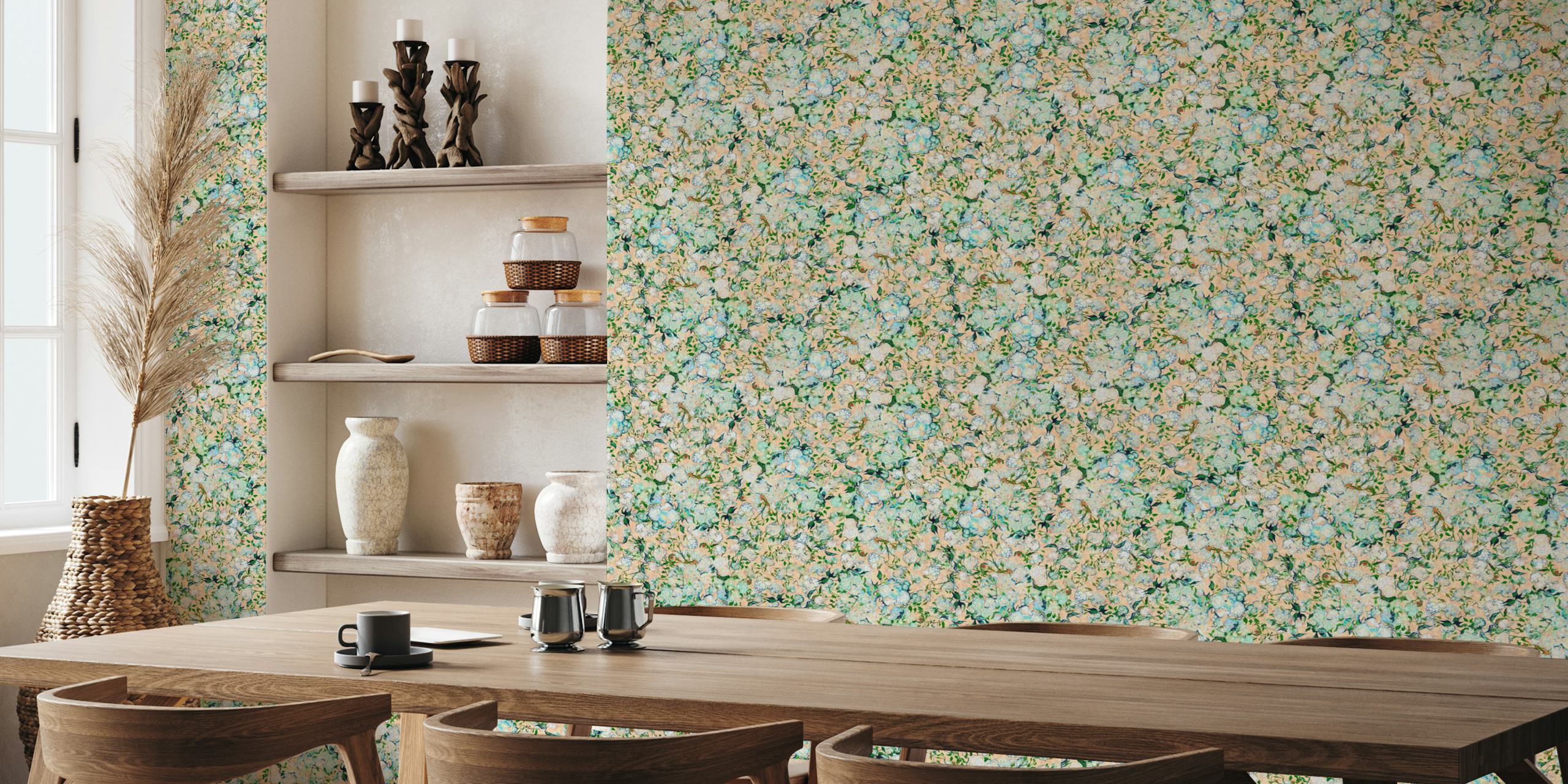 Floral peach and blue design wallpaper in a vintage style