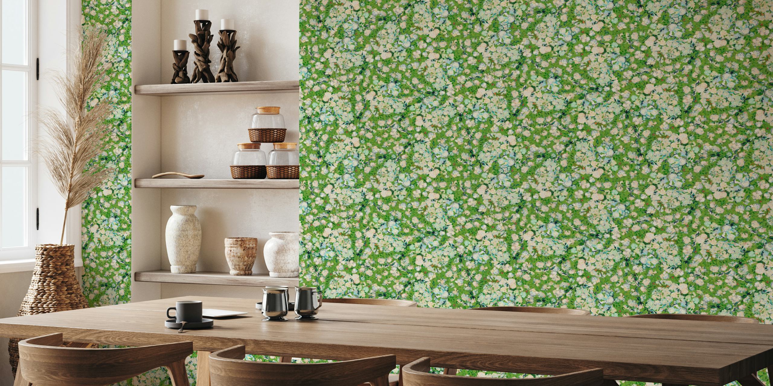 Roses in apple green wallpaper in a room